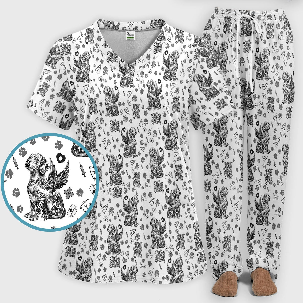 Toile De Jouy Dachshund Angel Nurse Scrub Set