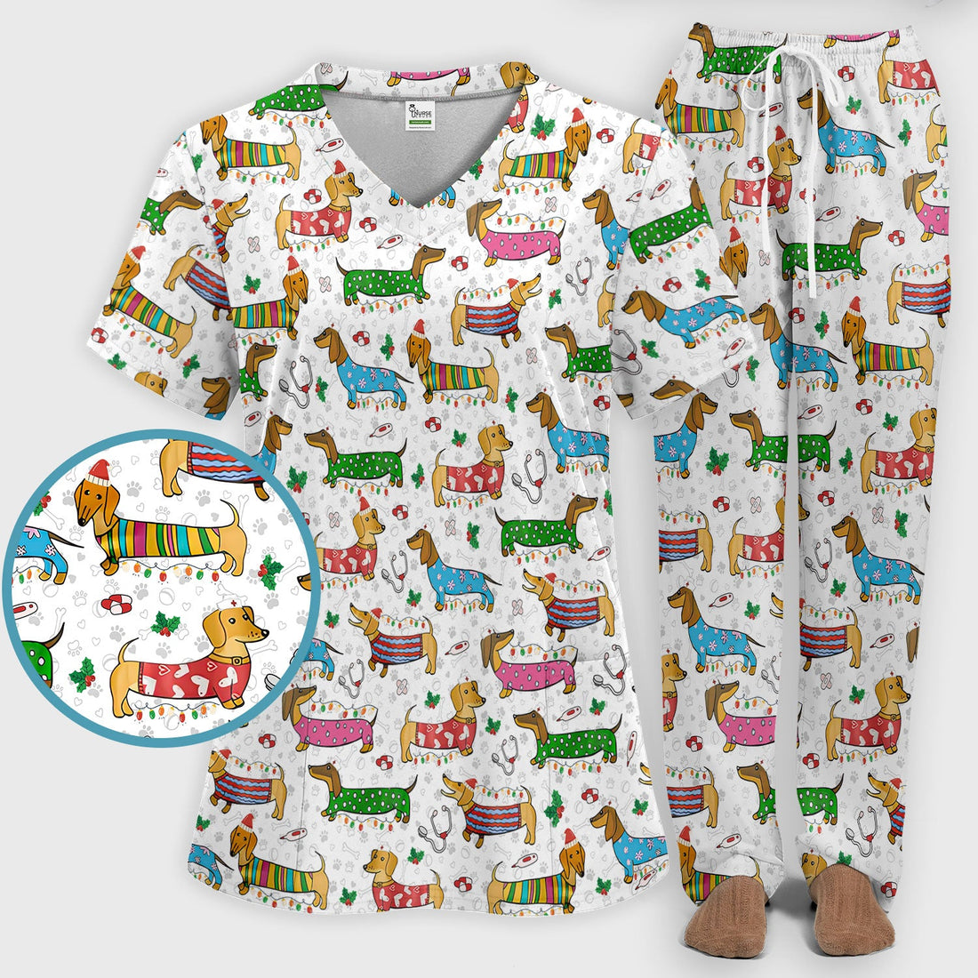 Green Christmas Dachshund Nurse Scrub Set
