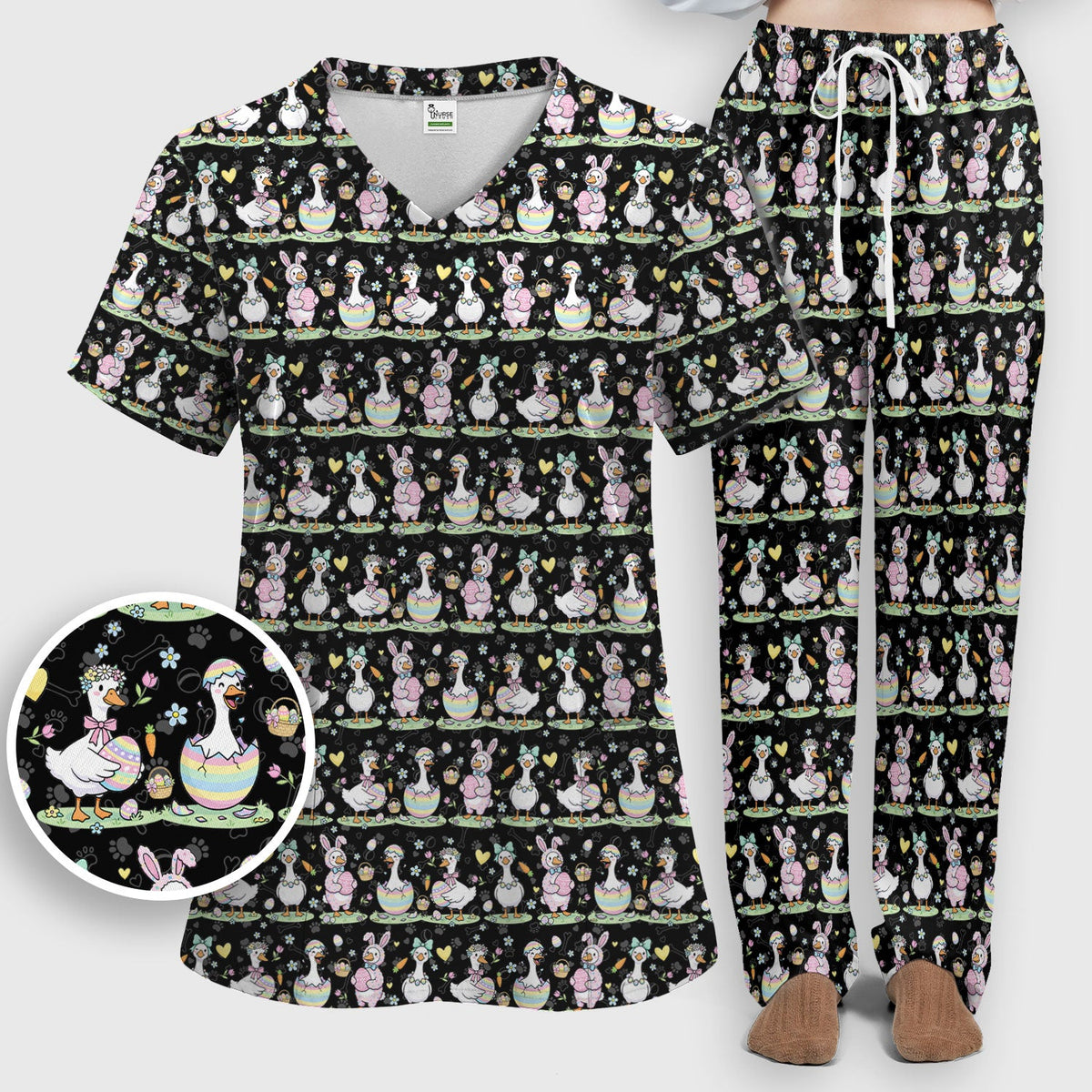 Spring Easter Goose Bunny Nurse Scrub Set