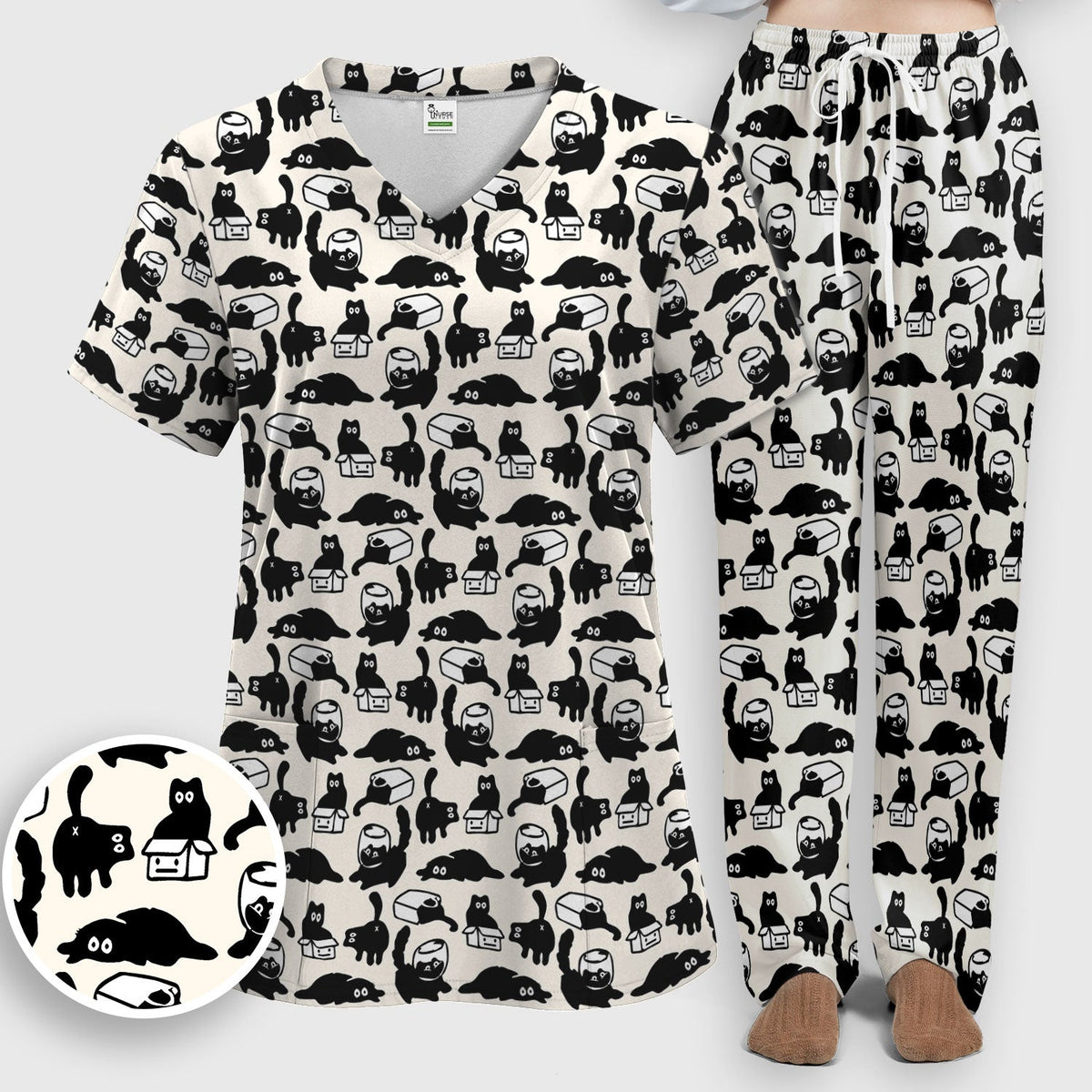 Dark Playful Cat Cartoon Pattern Scrub Set, Breathable Med Uniform