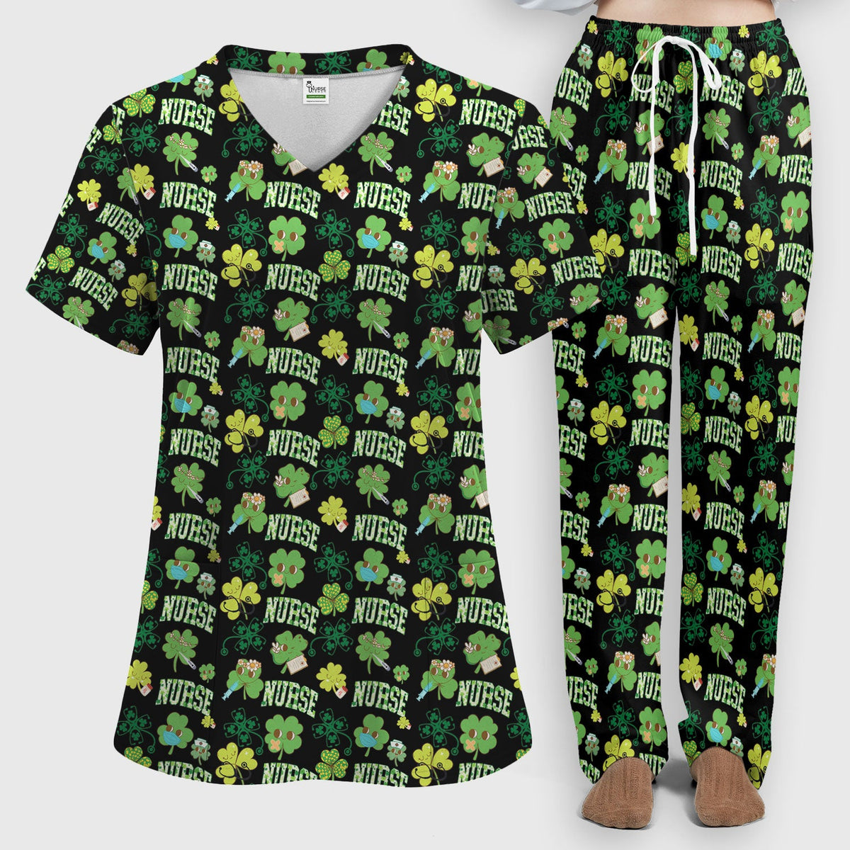 Lucky Shamrock Nurse Scrub Set, St. Patrick’s Day Nursing Shirt, Breathable Fabrics Nursing Uniform
