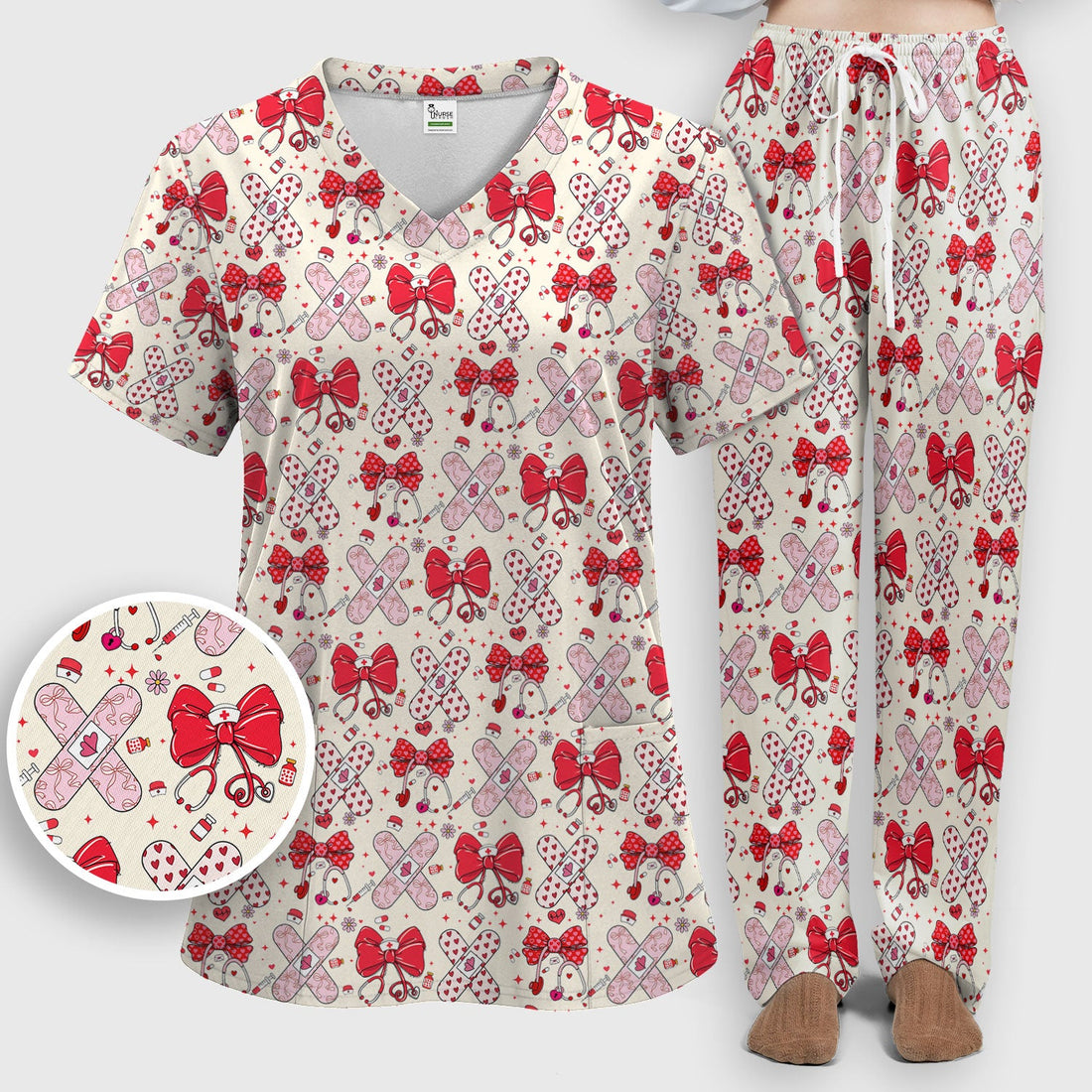 Valentine Nurse Red Bow Heart Bandage Scrub Set