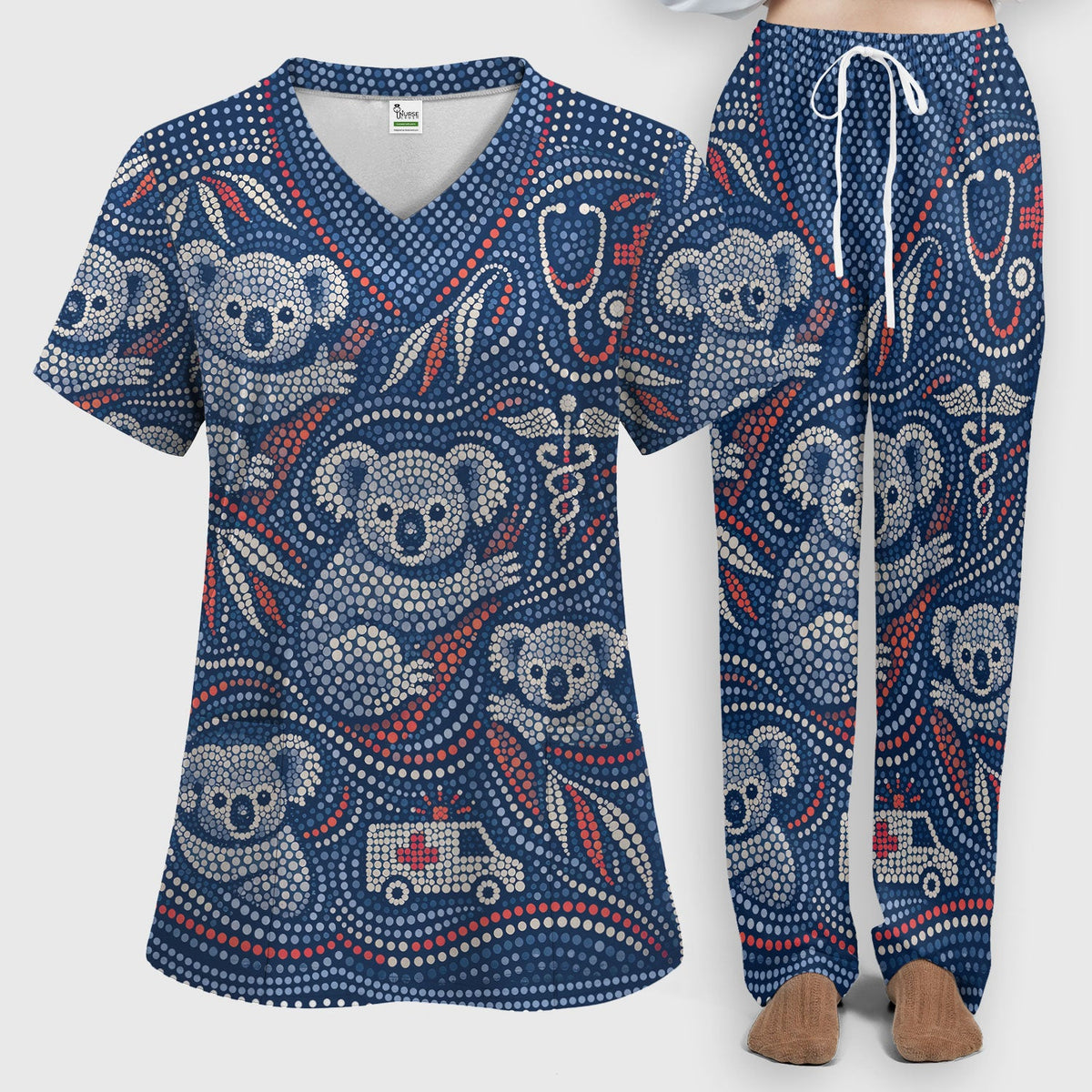 Koala Dot Art Medical Pattern Set, Women's Scrub Sets Breathable