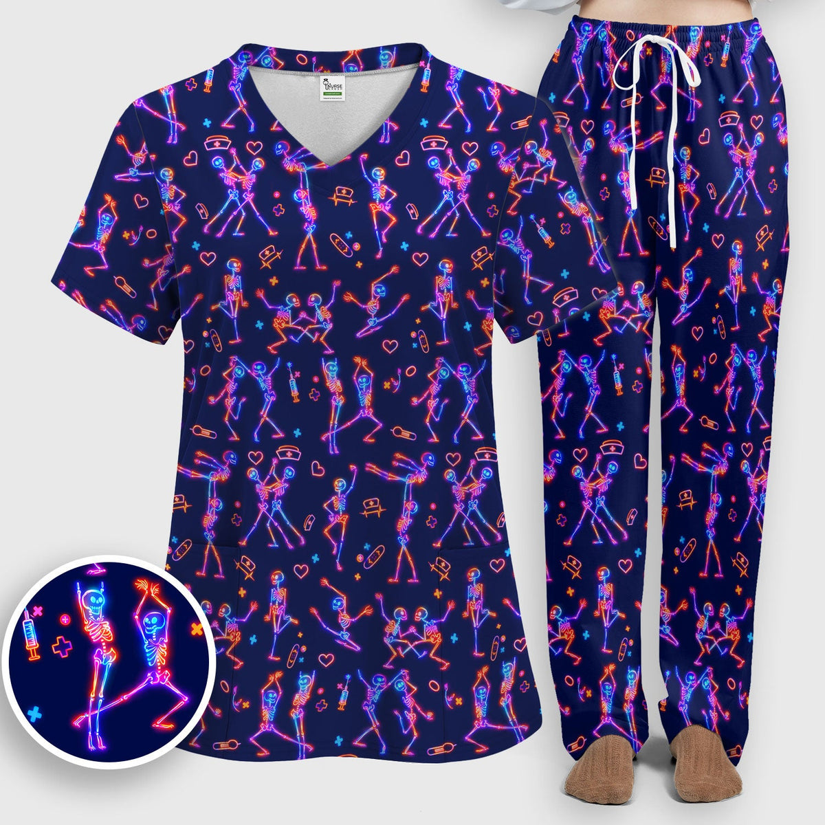 Neon Dancing Skeleton Nurse Scrub Set
