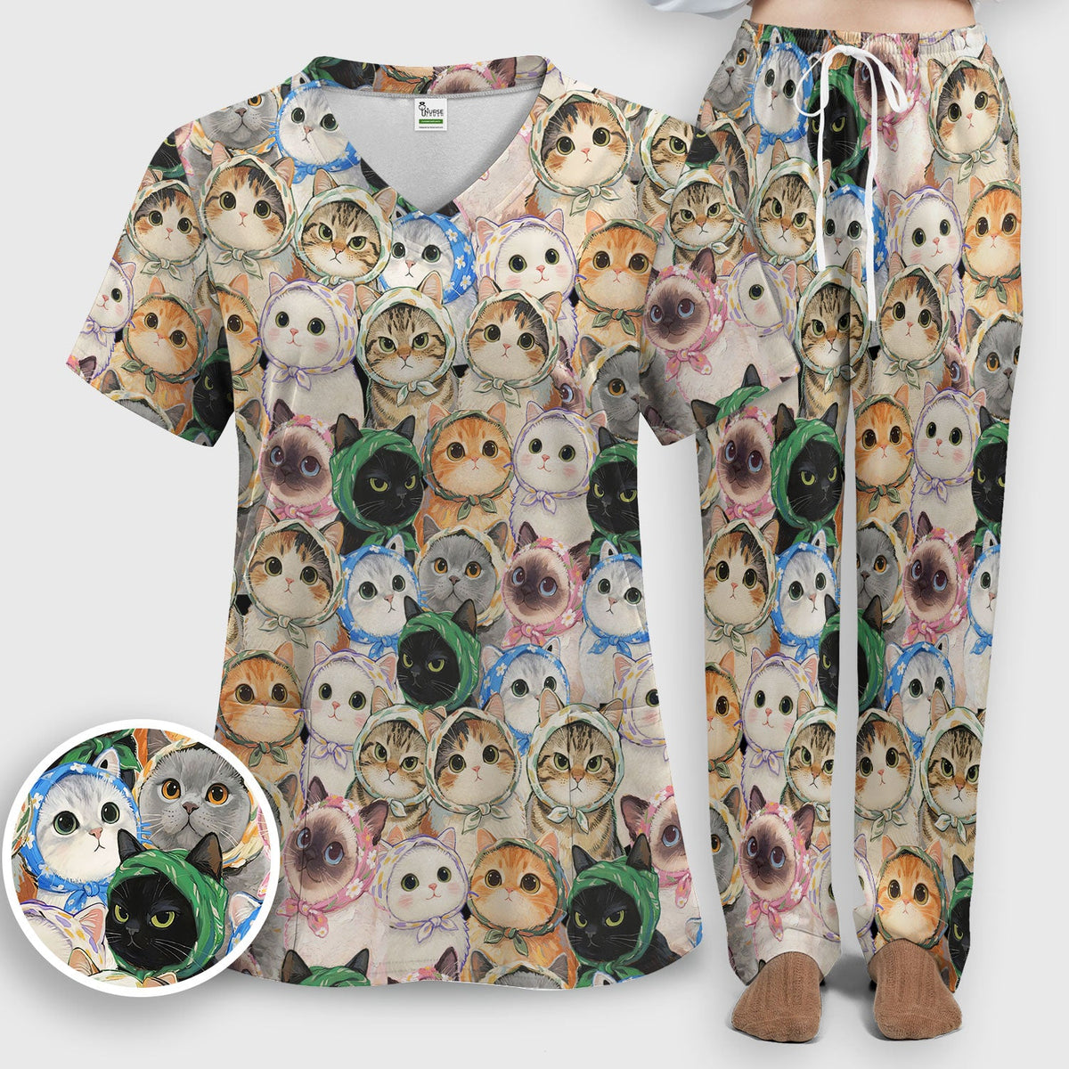 Adorable Multi Cat Portrait Nurse Scrub Set