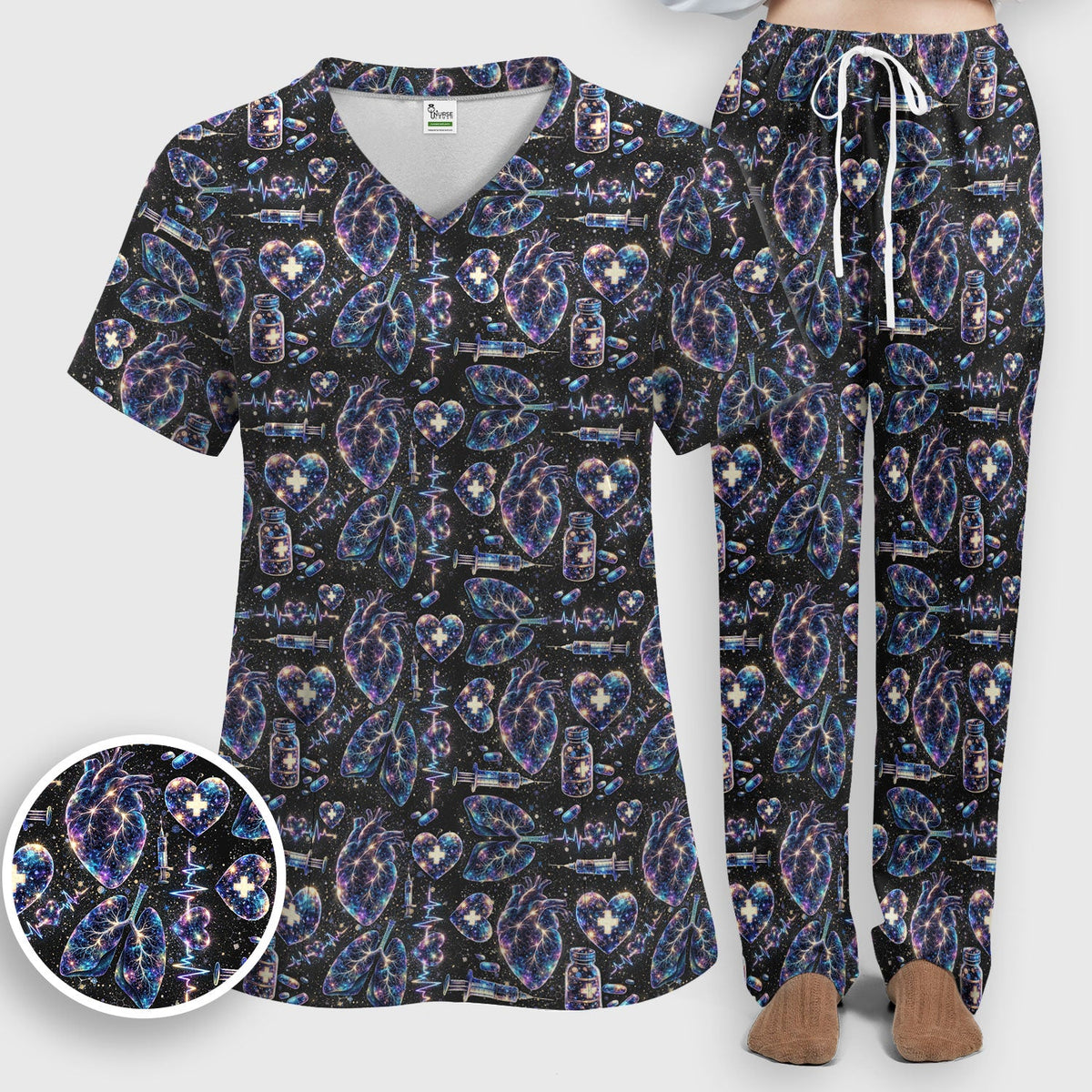 Galaxy Anatomical Heart Lung Syringe Nurse Scrub Set