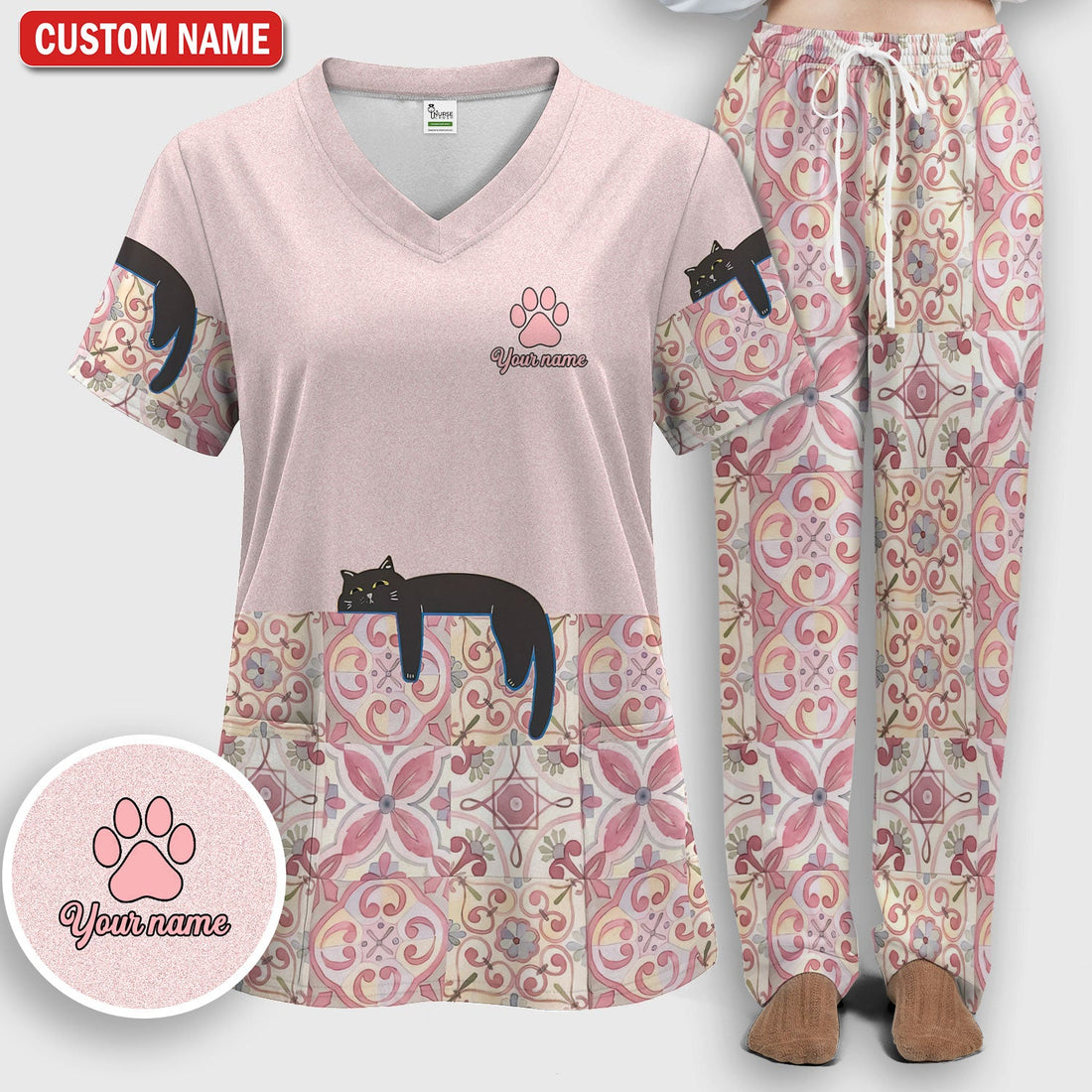 Personalized Pink Floral Black Cat Nurse Scrub Set