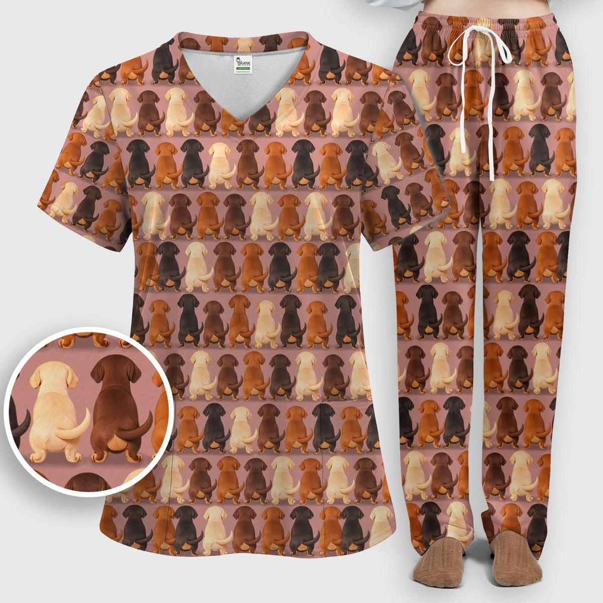 Scrub Set: Cute Dachshund Butt Pattern All Over Print Scrubs Set, Breathable Med Uniform