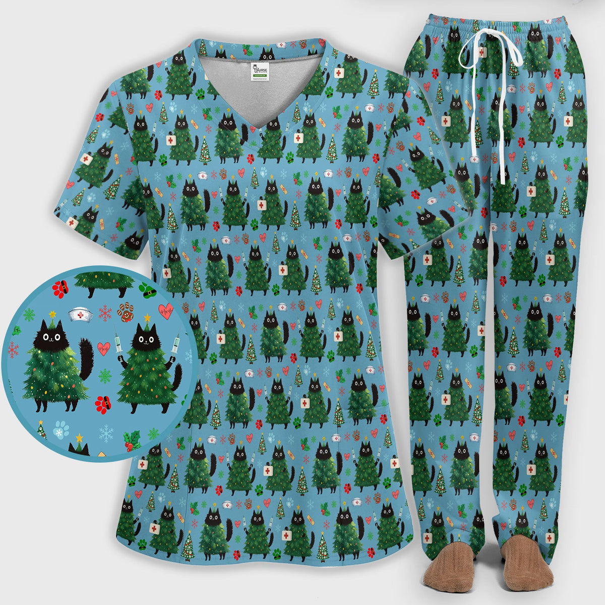 Christmas Black Cat Nurse Scrub Set