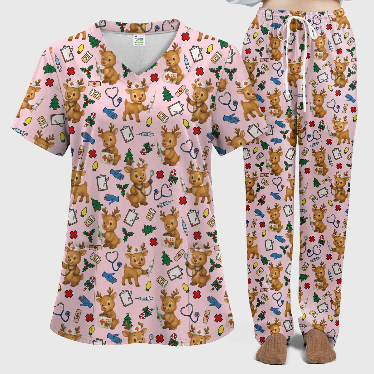 Christmas Scrub Tops and Pants - Reindeer Pattern Nurse Scrub Set - Cute Holiday Medical Print Scrubs for Women RN LPN CNA
