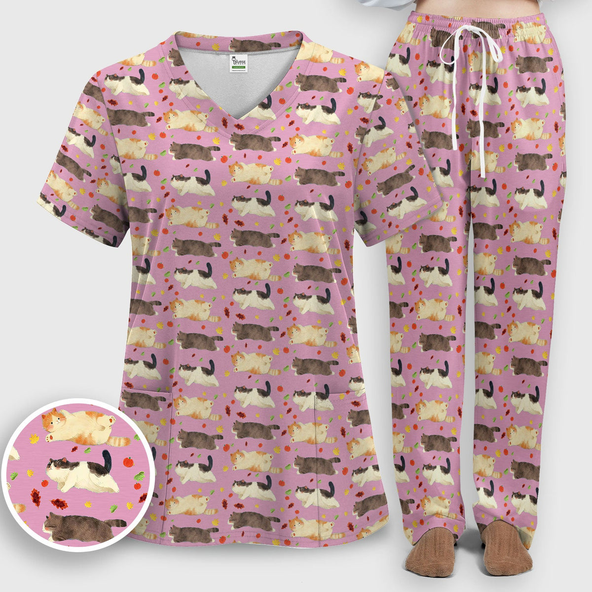 Chubby Cat Autumn Leaves Nurse Scrub Set