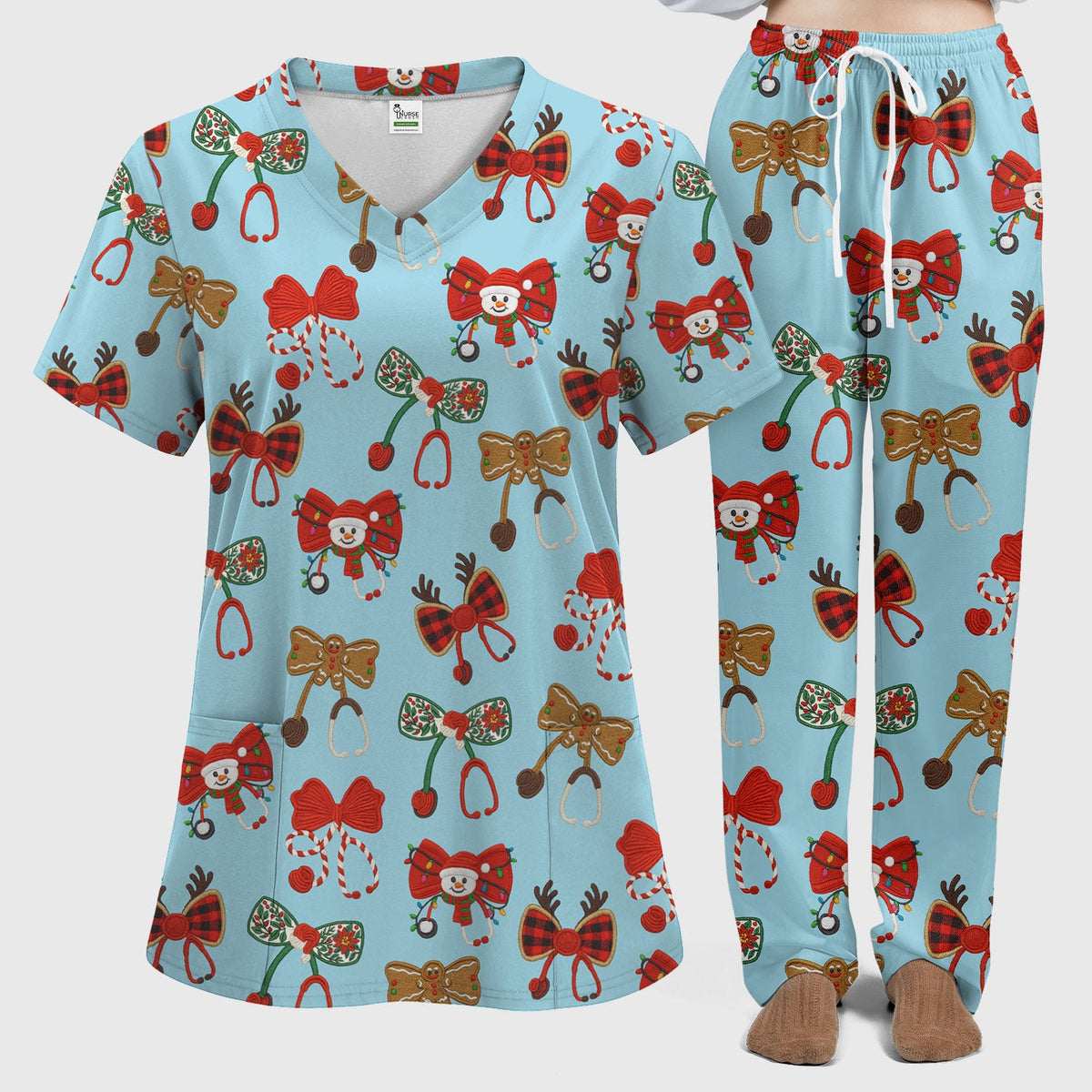 Christmas Stethoscope Bow Nurse Scrub Set