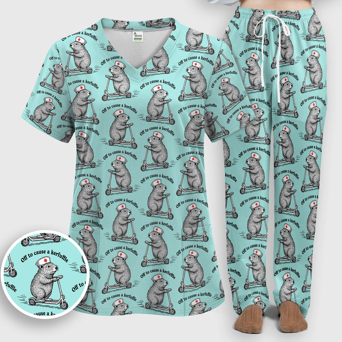 Funny Nurse Mouse Scooter Print Women's Scrub Set, Scrub Pants and V Neck Top