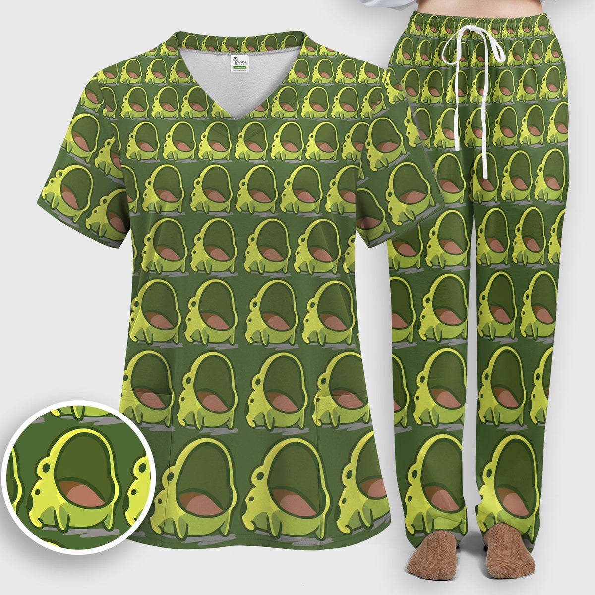 Green Frog Cartoon Nurse Scrub Set