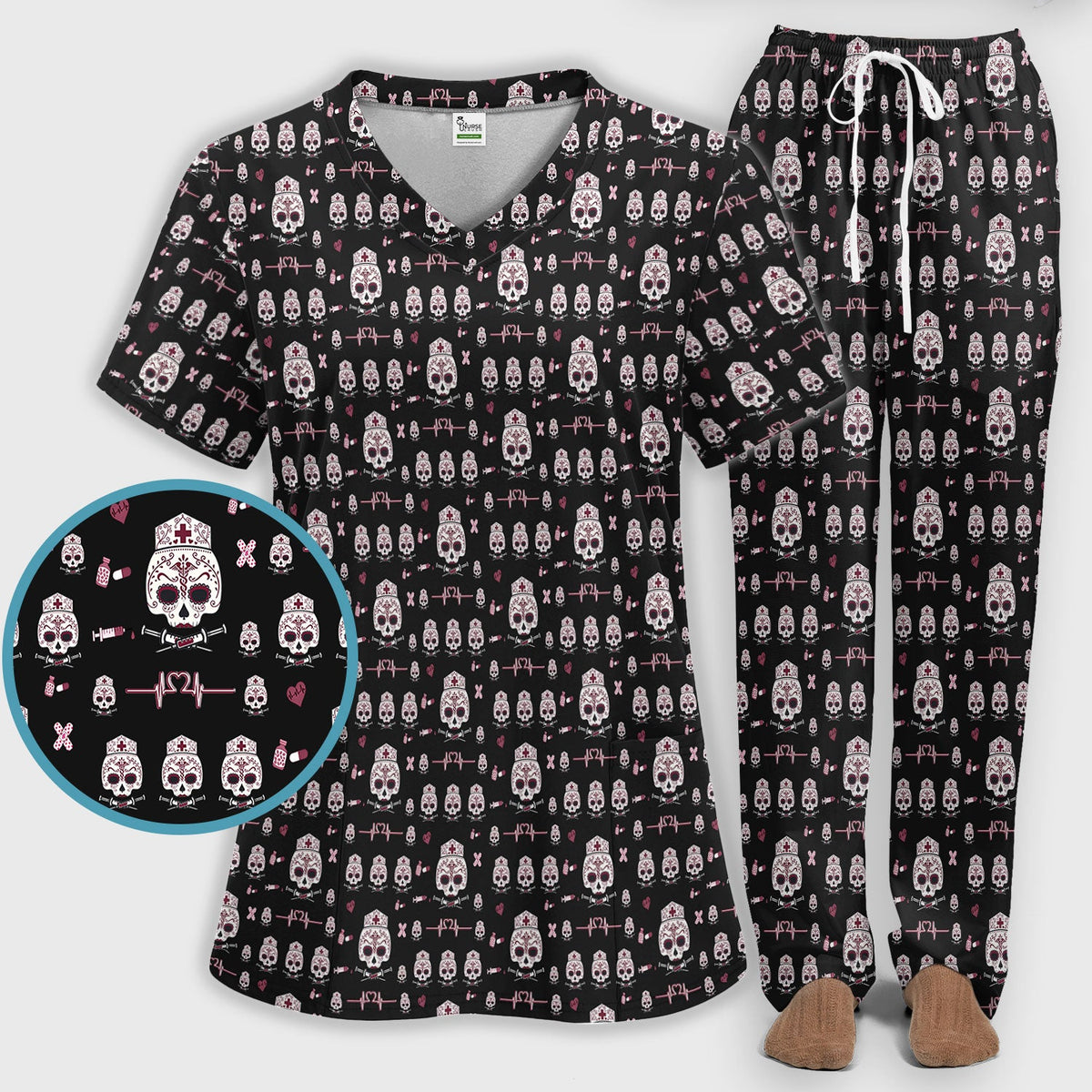 Sugar Skull Scrub Set, Skull Pattern Scrub Shirt, Breathable Fabrics Nursing Uniform