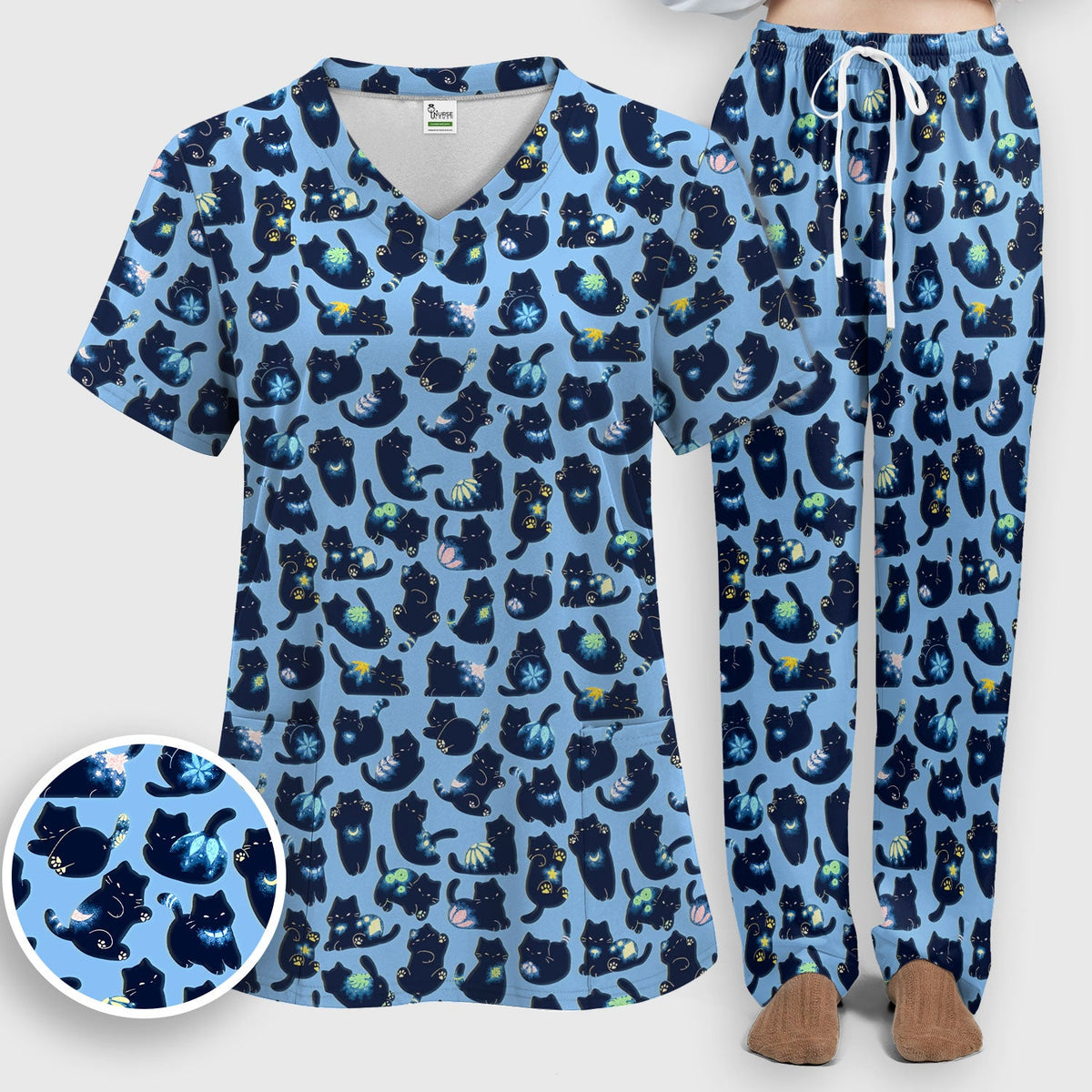 Midnight Black Cat Nurse Scrub Set