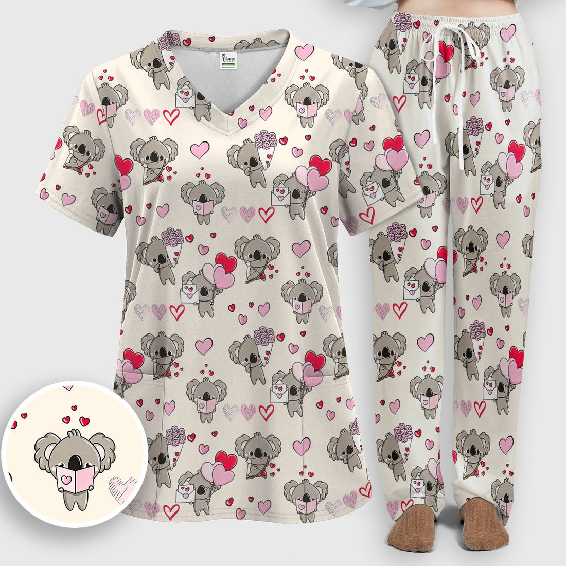 Valentine Koala Holding Flowers Nurse Scrub Set