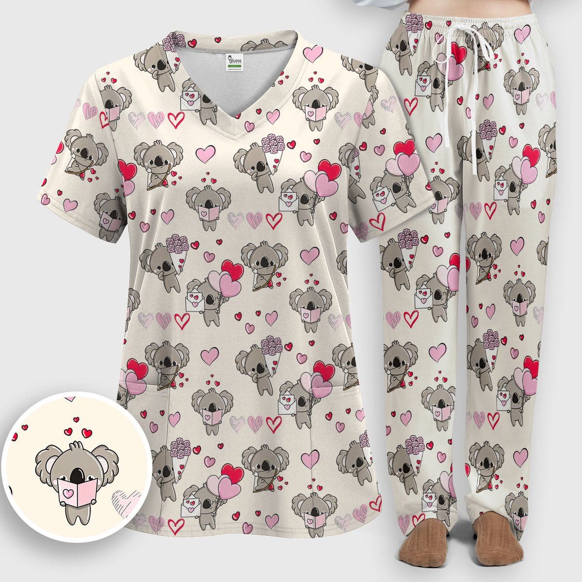 Valentine Koala Holding Flowers Nurse Scrub Set