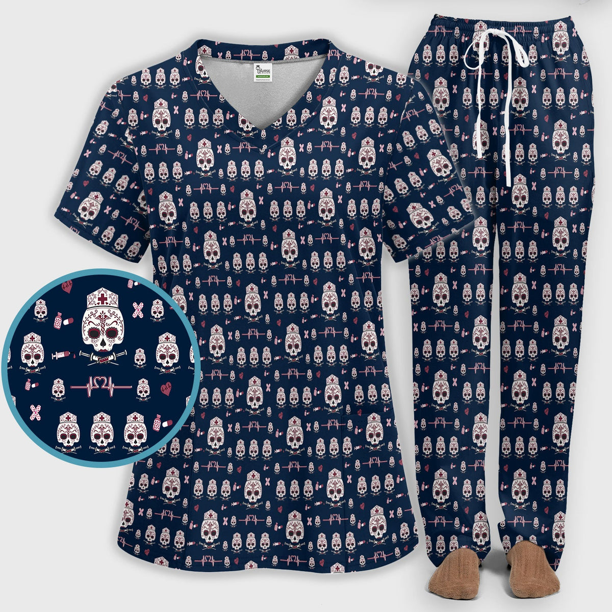 Sugar Skull Scrub Set, Skull Pattern Scrub Shirt, Breathable Fabrics Nursing Uniform