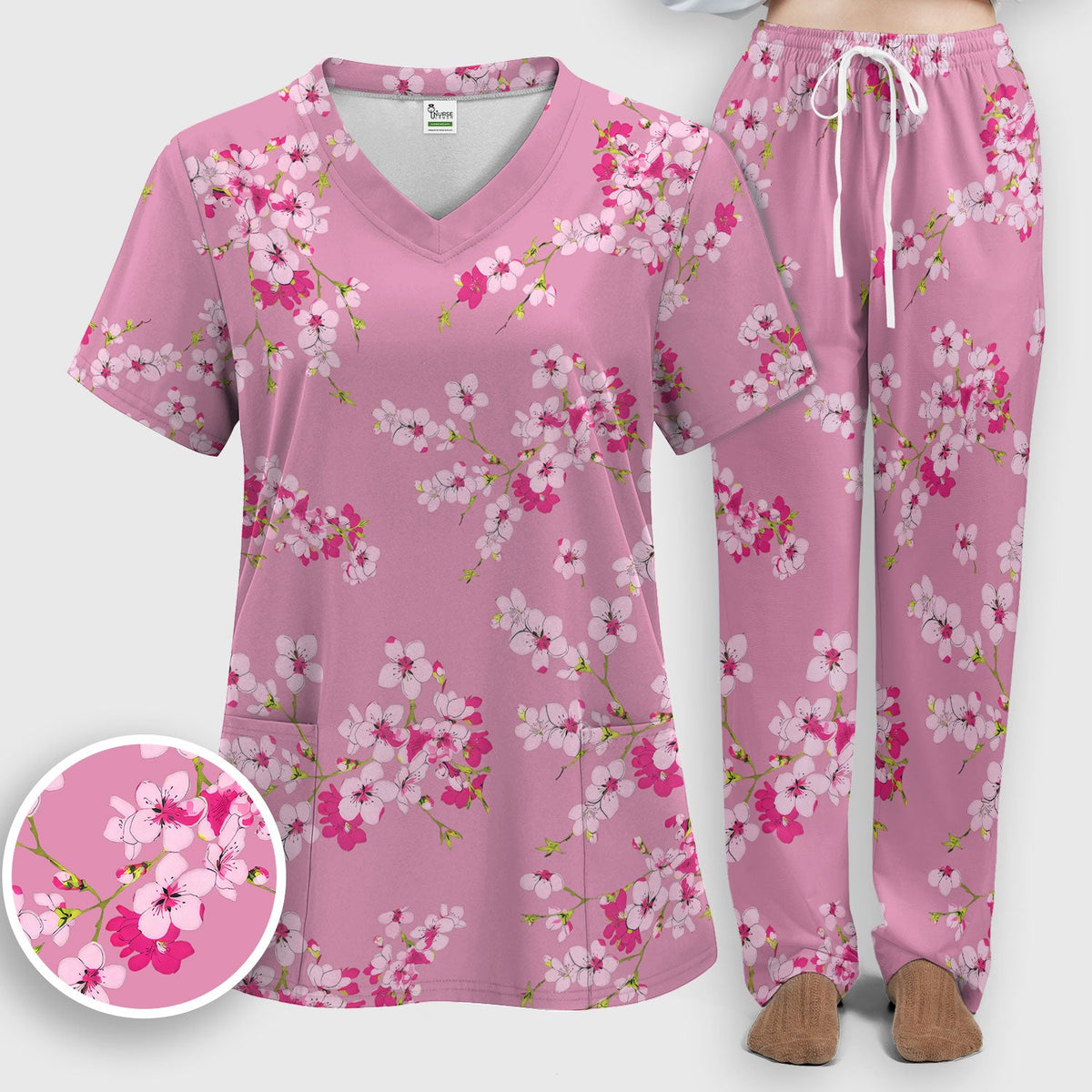 Elegant Cherry Blossom Nurse Scrub Set