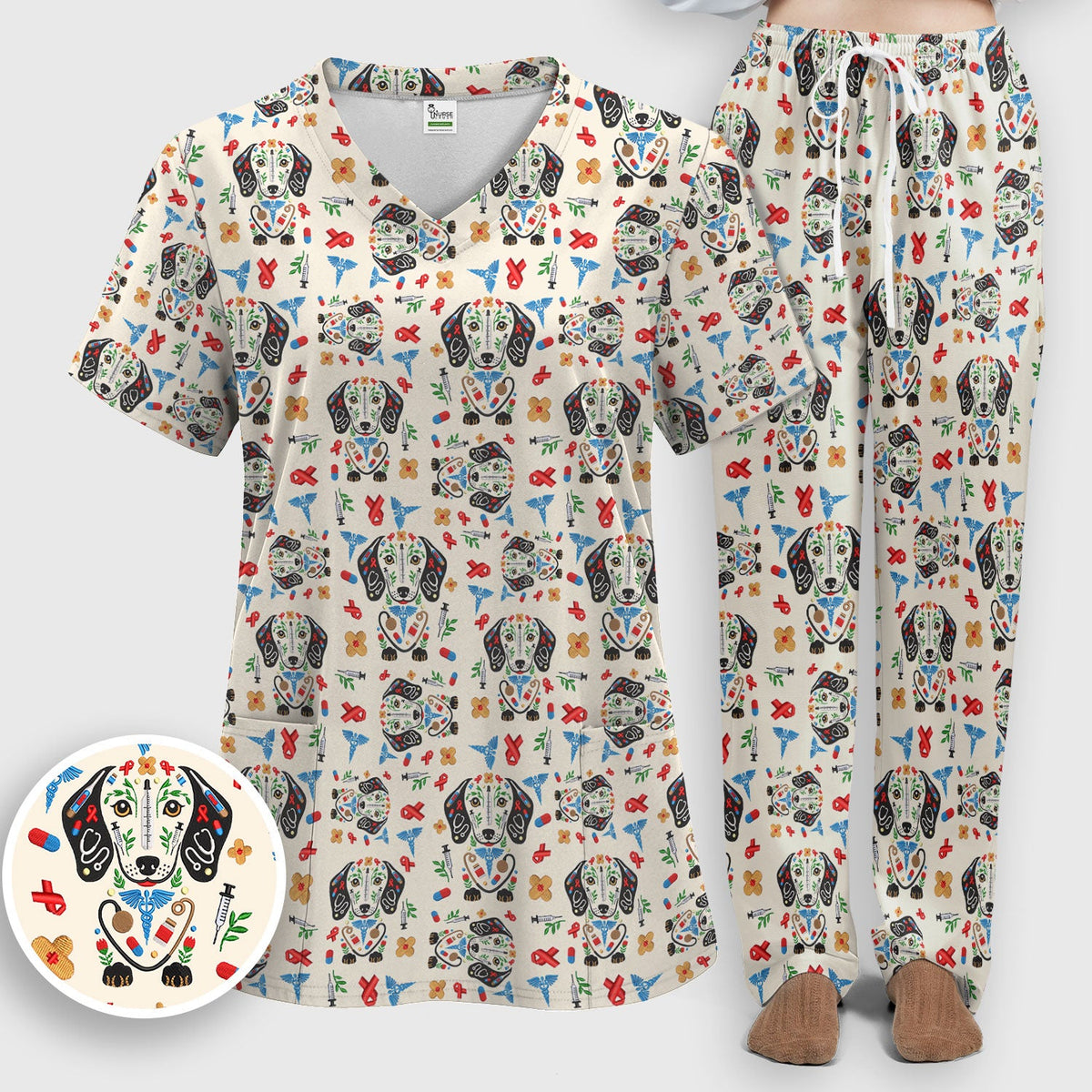 Dachshund Medical Icon Pattern Scrub Set, Women's Scrub Sets