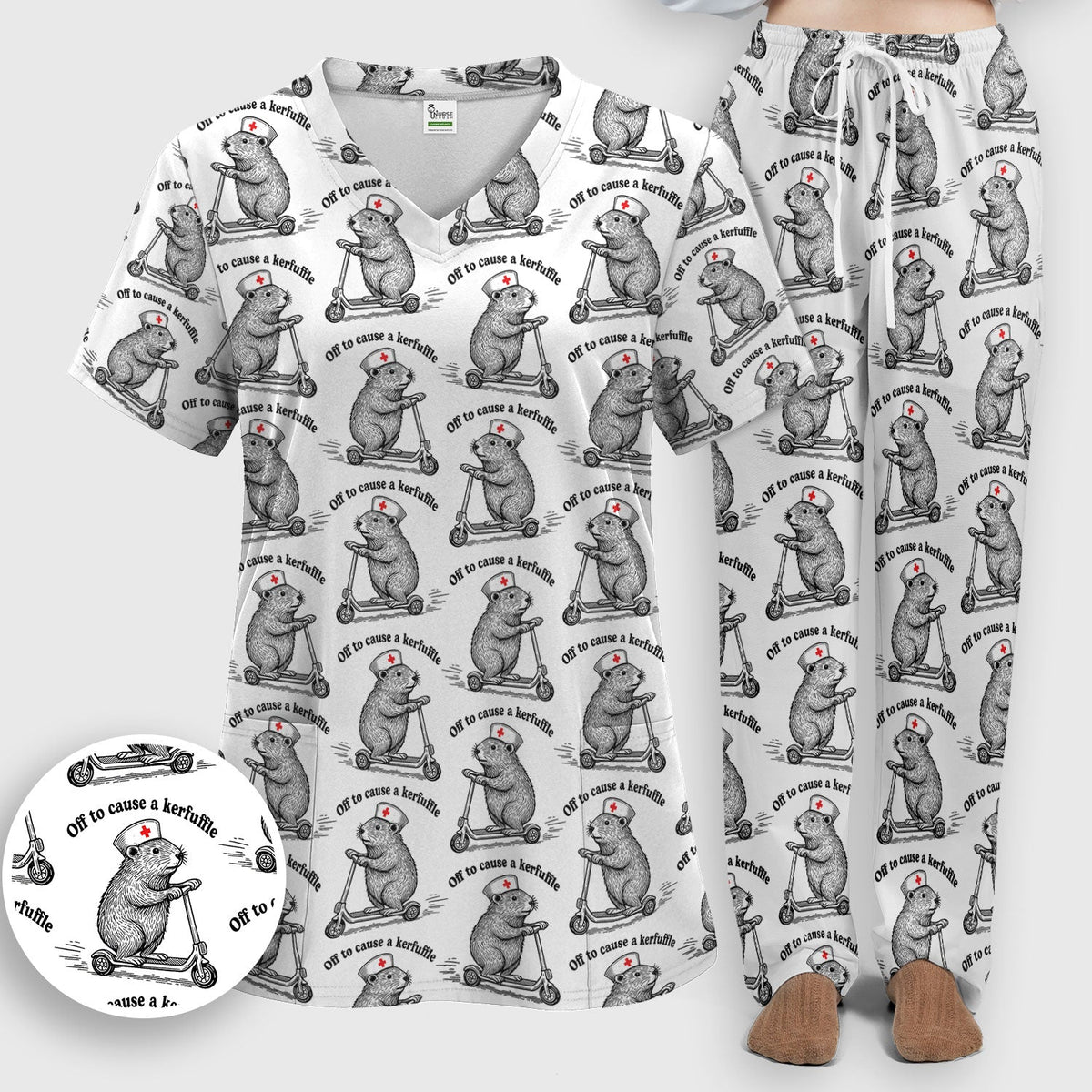 Funny Nurse Mouse Scooter Print Women's Scrub Set, Scrub Pants and V Neck Top