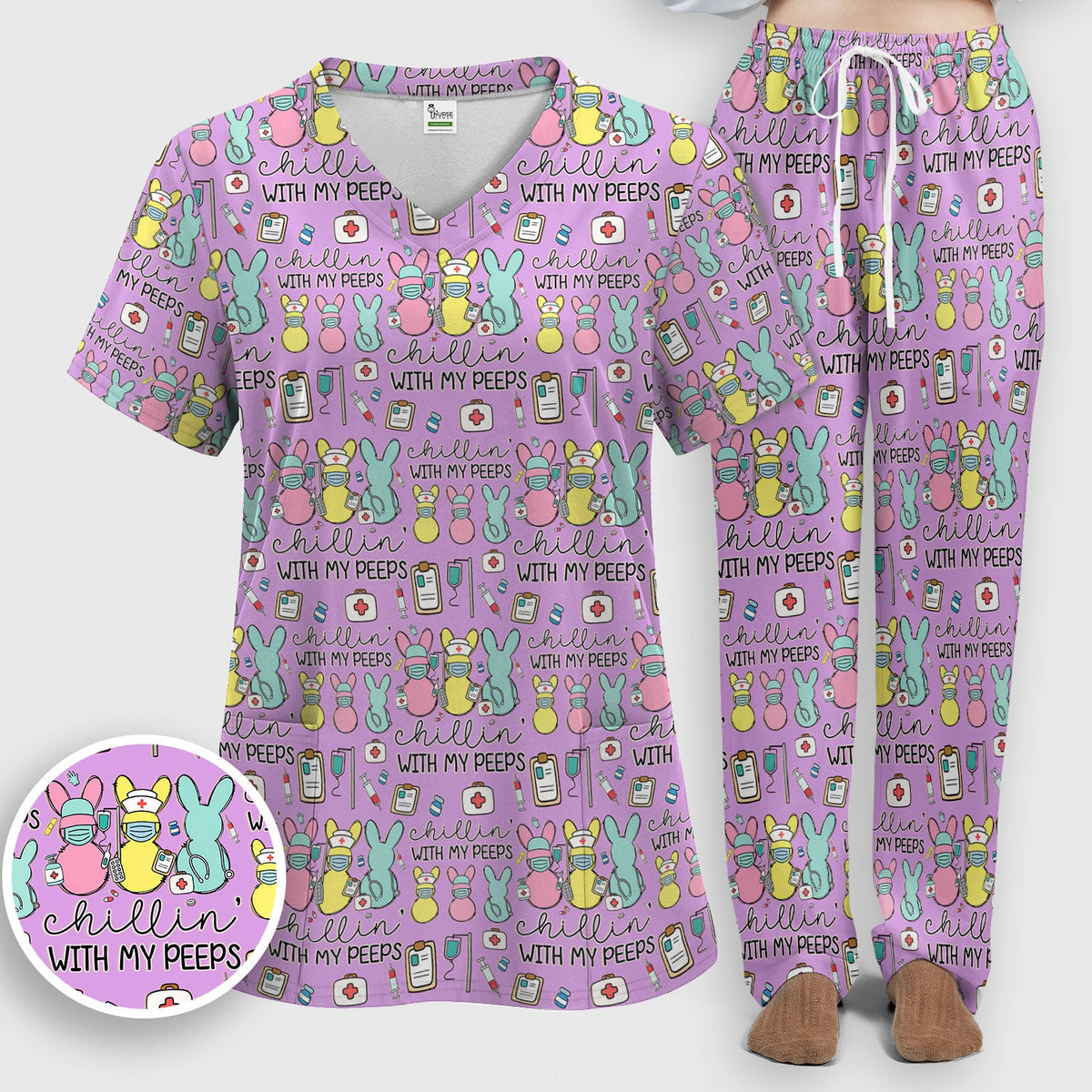 Bunny Nurse Chillin With My Peeps Scrub Set - Easter Gift