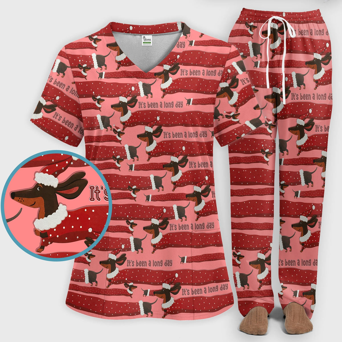Funny Dachshund Christmas Scrub Set - It's Been a Long Day - Cute Wiener Dog Scrubs Pants and V Neck Top - Medical Uniform for Women