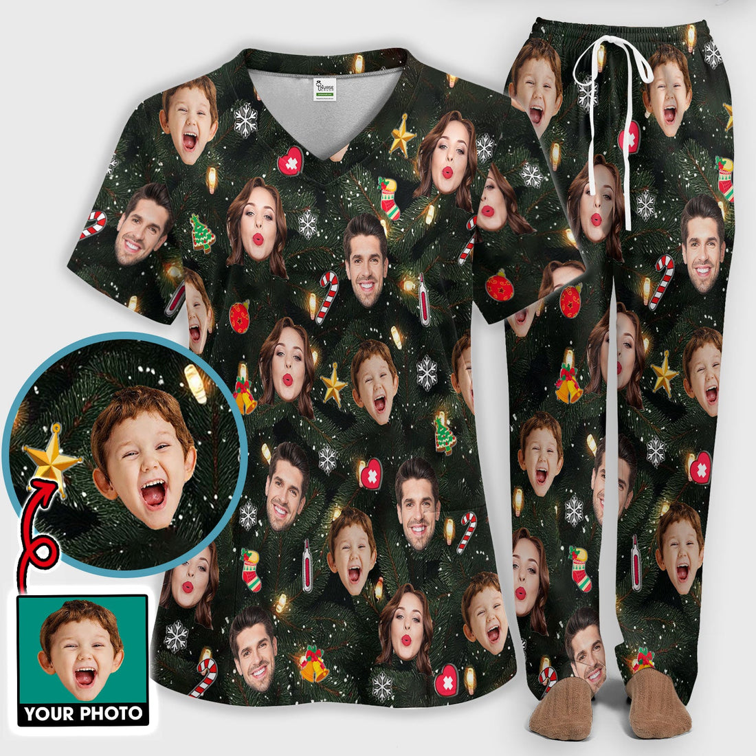 Personalized Christmas Photo Face Nurse Scrub Set