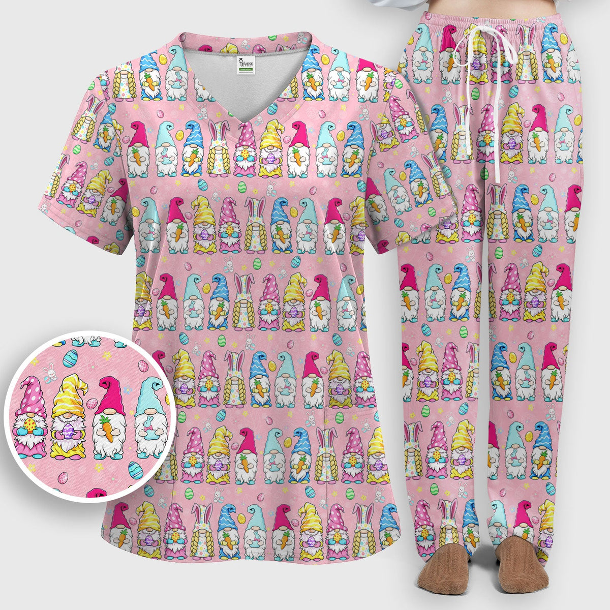 Colorful Easter Gnome Bunny Eggs Nurse Scrub Set