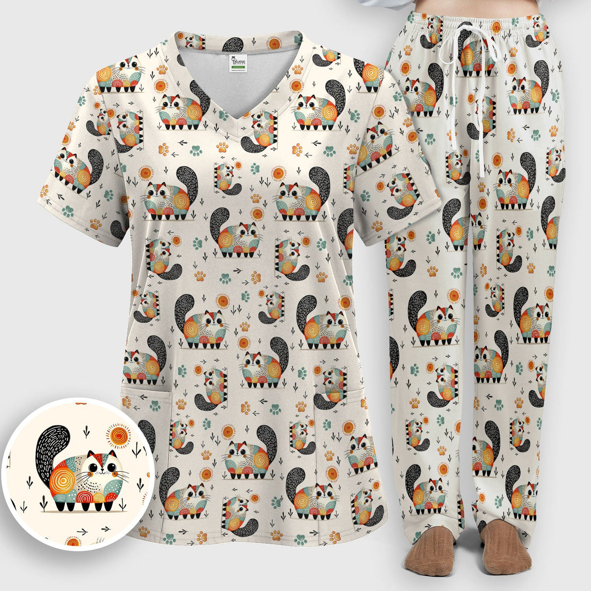 Cat Illustration Nurse Scrub Set