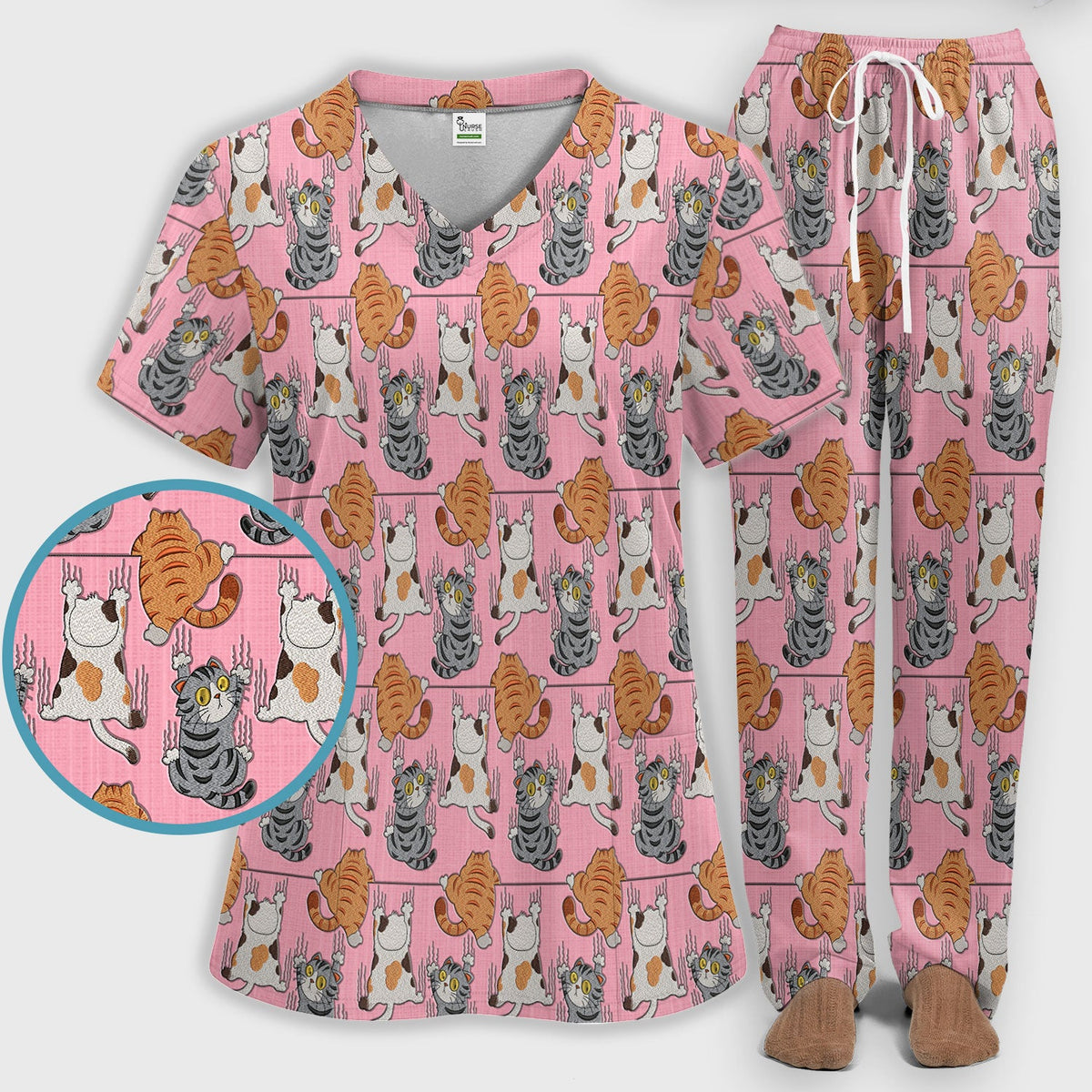 Cute Cat Pattern Nurse Scrub Set, Cats Medical Pattern Shirt, Breathable Fabrics Nursing Uniform