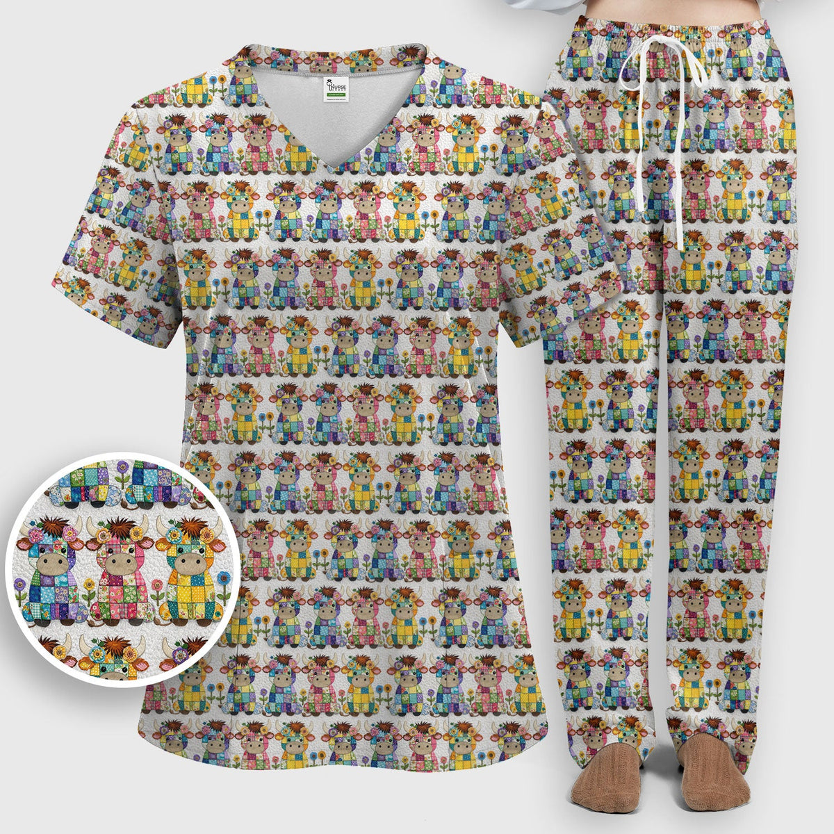 Patchwork Cow Flowers Nurse Scrub Set