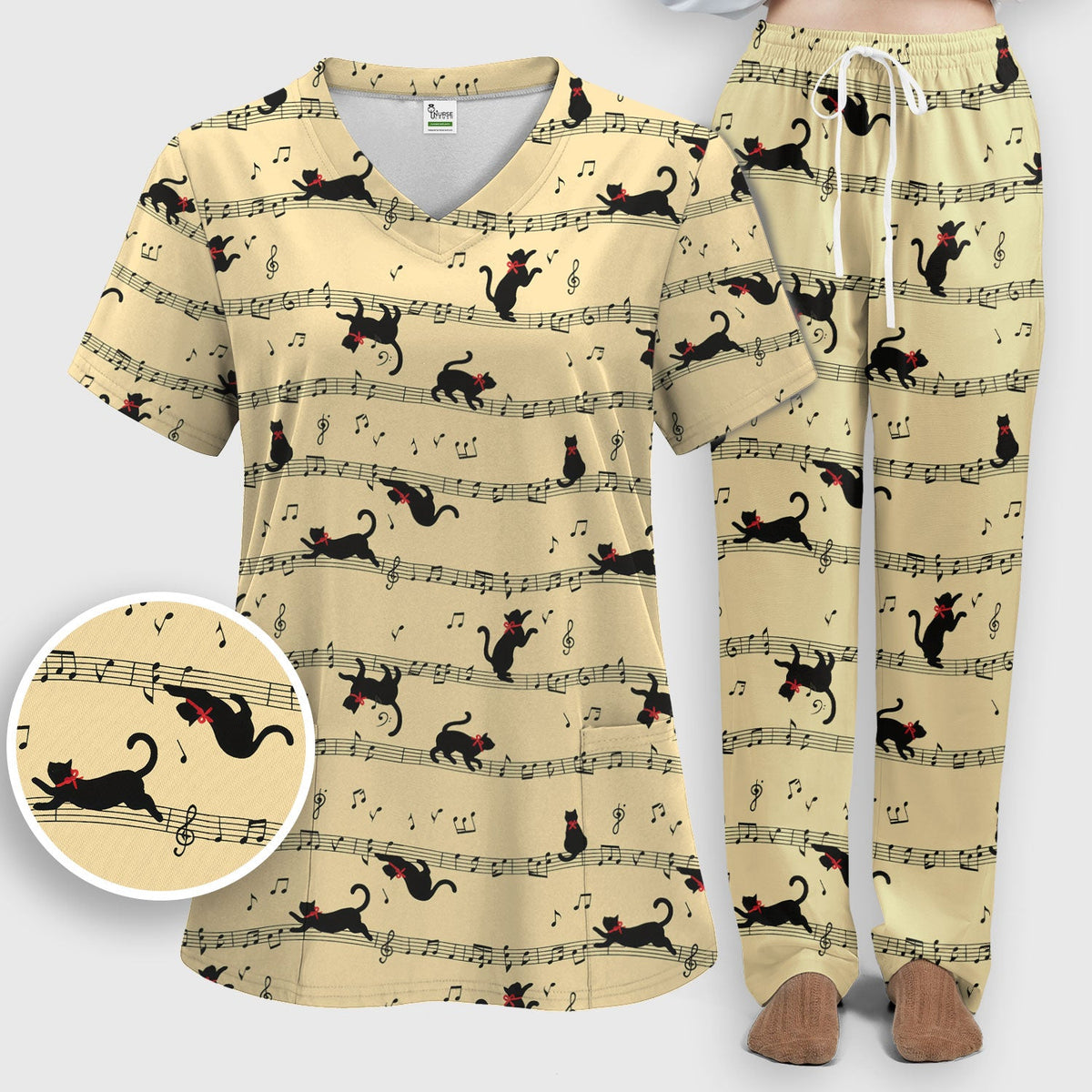 Dancing Black Cat Music Nurse Scrub Set