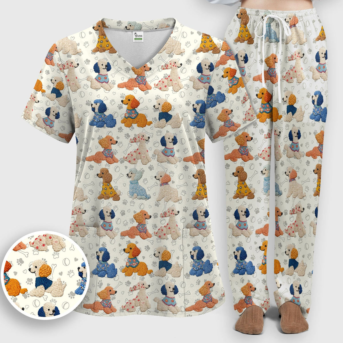 Cute Colorful Poodle Pattern Scrub Set, Scrub Pants and V Neck Top