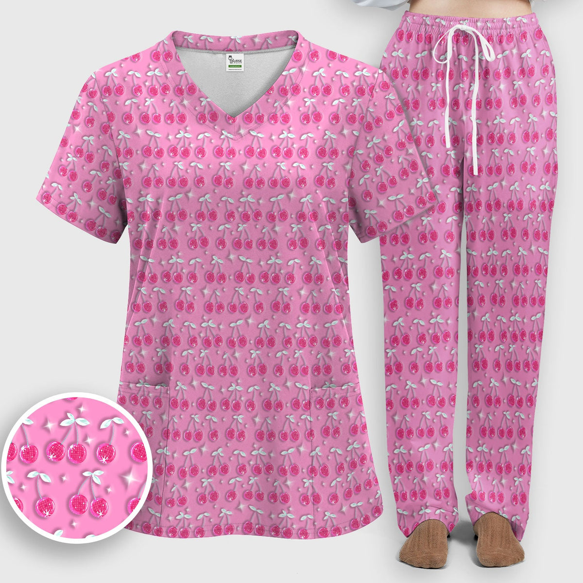 Pink Cherry Sparkle Nurse Scrub Set