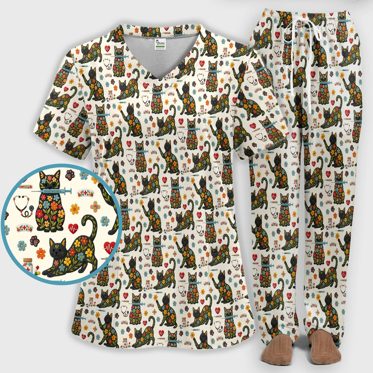 Floral Black Cat Nurse Scrub Set