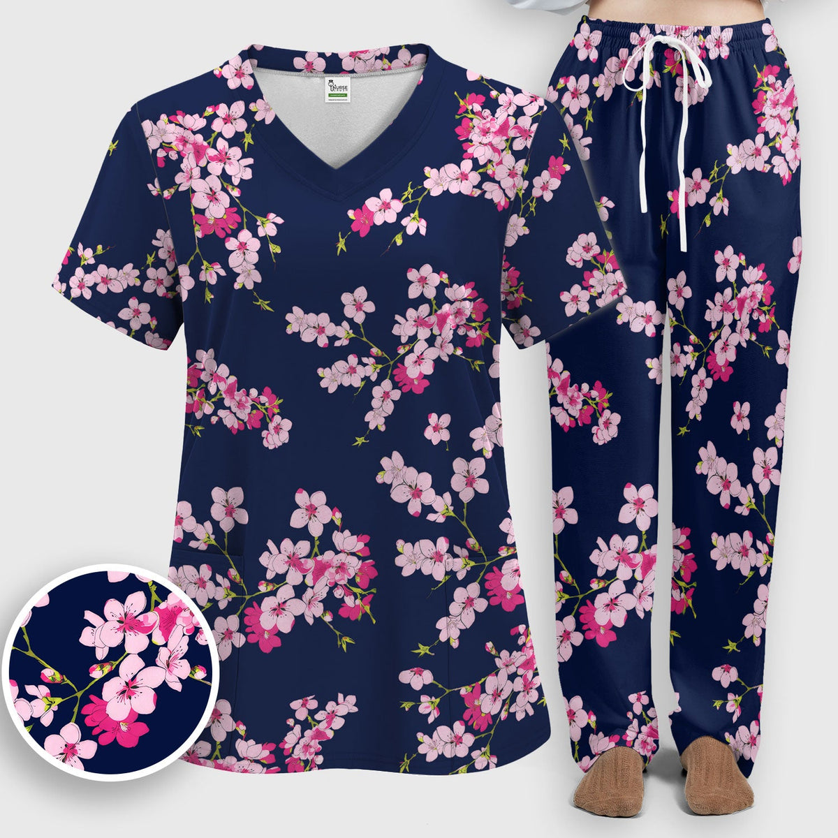 Elegant Cherry Blossom Nurse Scrub Set