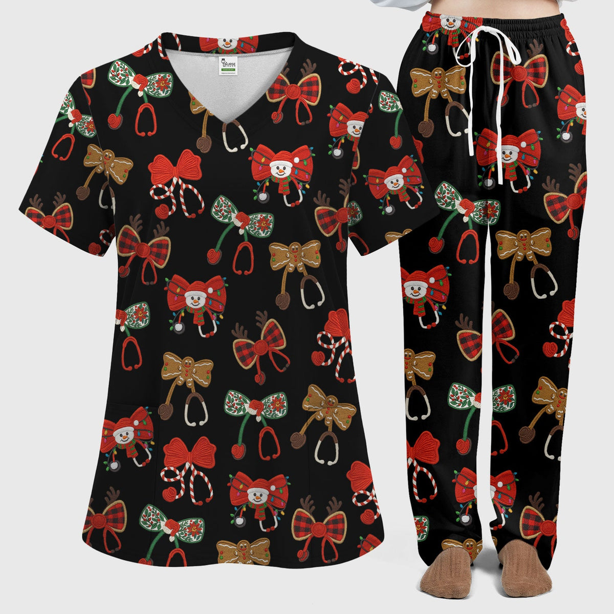 Christmas Stethoscope Bow Nurse Scrub Set