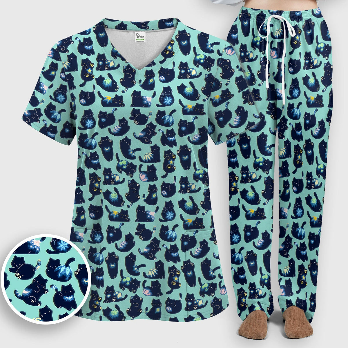Midnight Black Cat Nurse Scrub Set