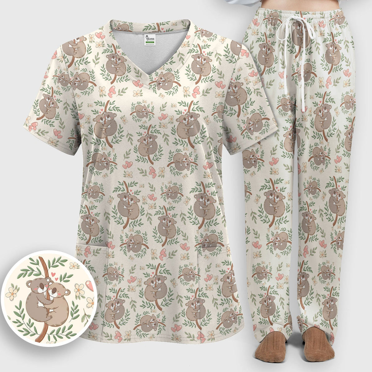Koala Couple Floral Nurse Scrub Set