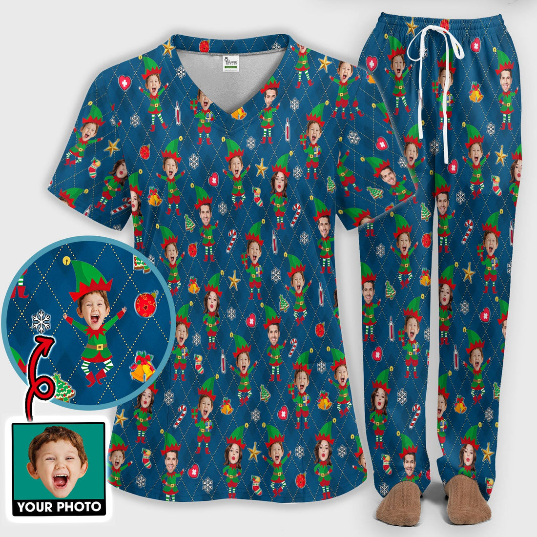 Personalized Holiday Photo Face Nurse Scrub Set