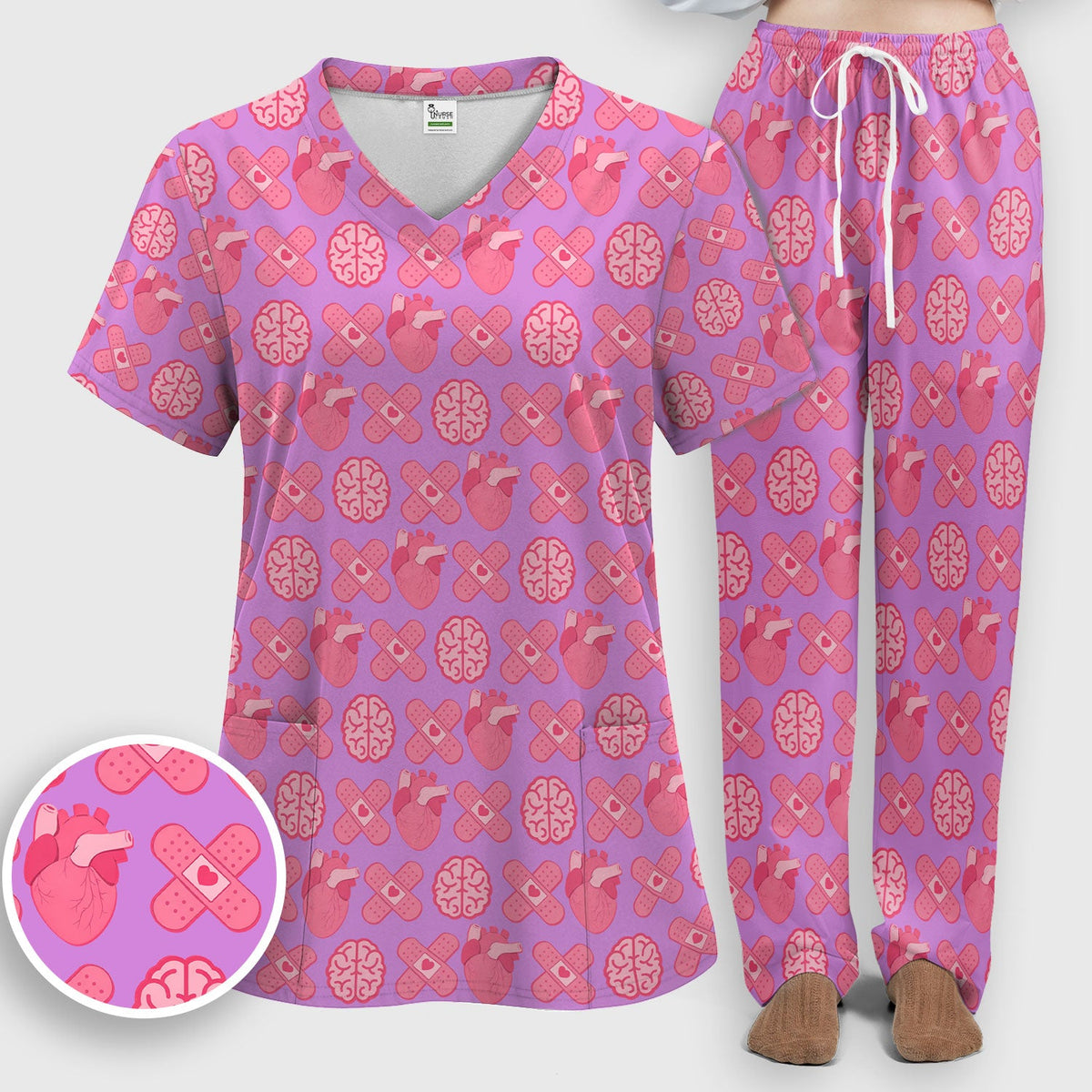 Heart Brain Medical Icon Nurse Scrub Set