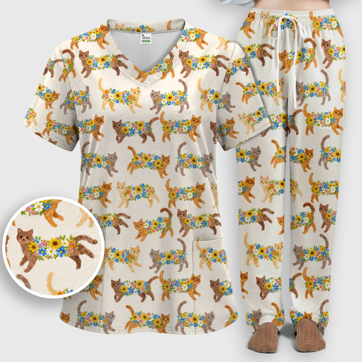 Flower Filled Cat Nurse Scrub Set