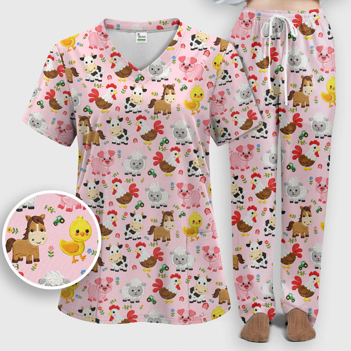 Cartoon Farm Animal Nurse Scrub Set