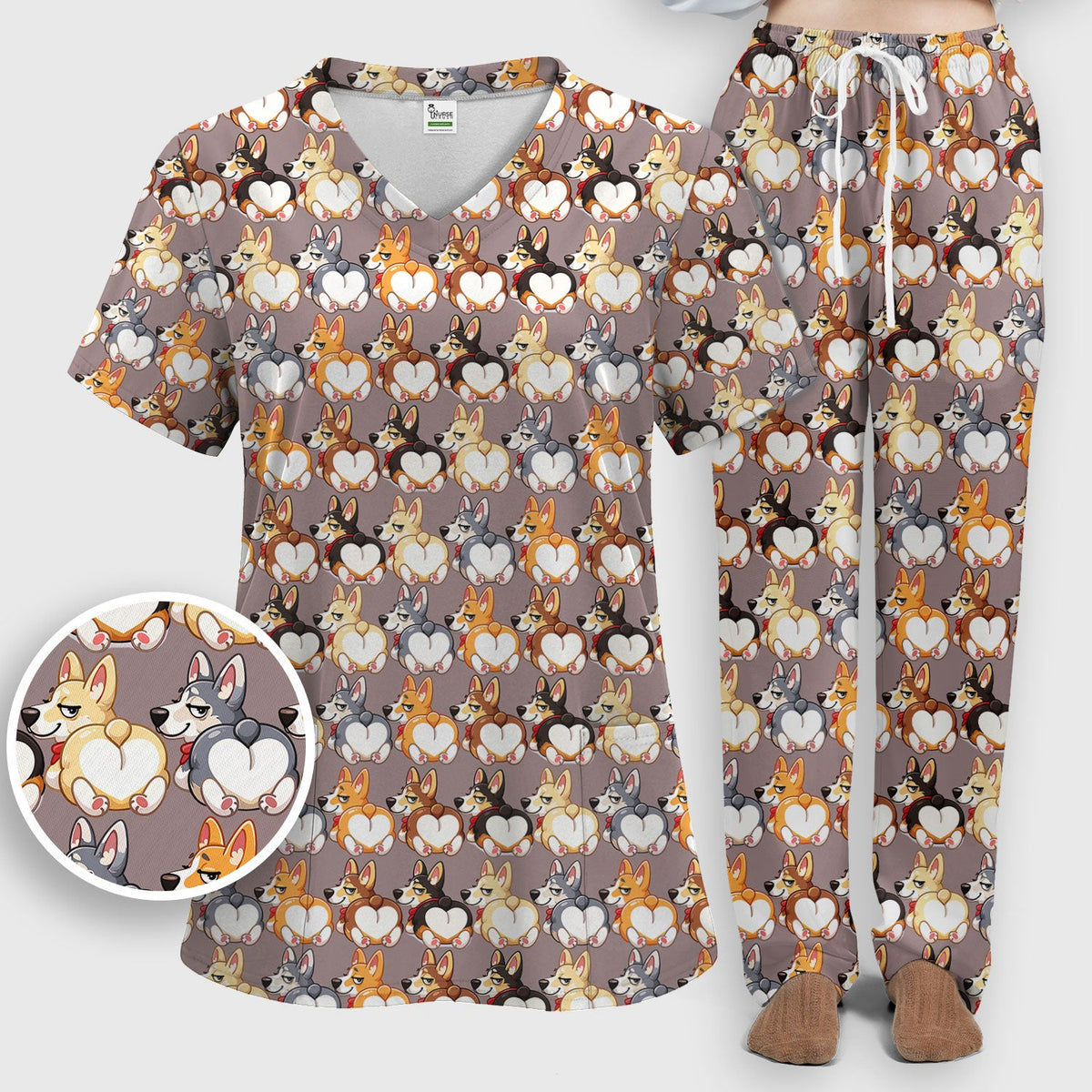 Corgi Cartoon Nurse Scrub Set