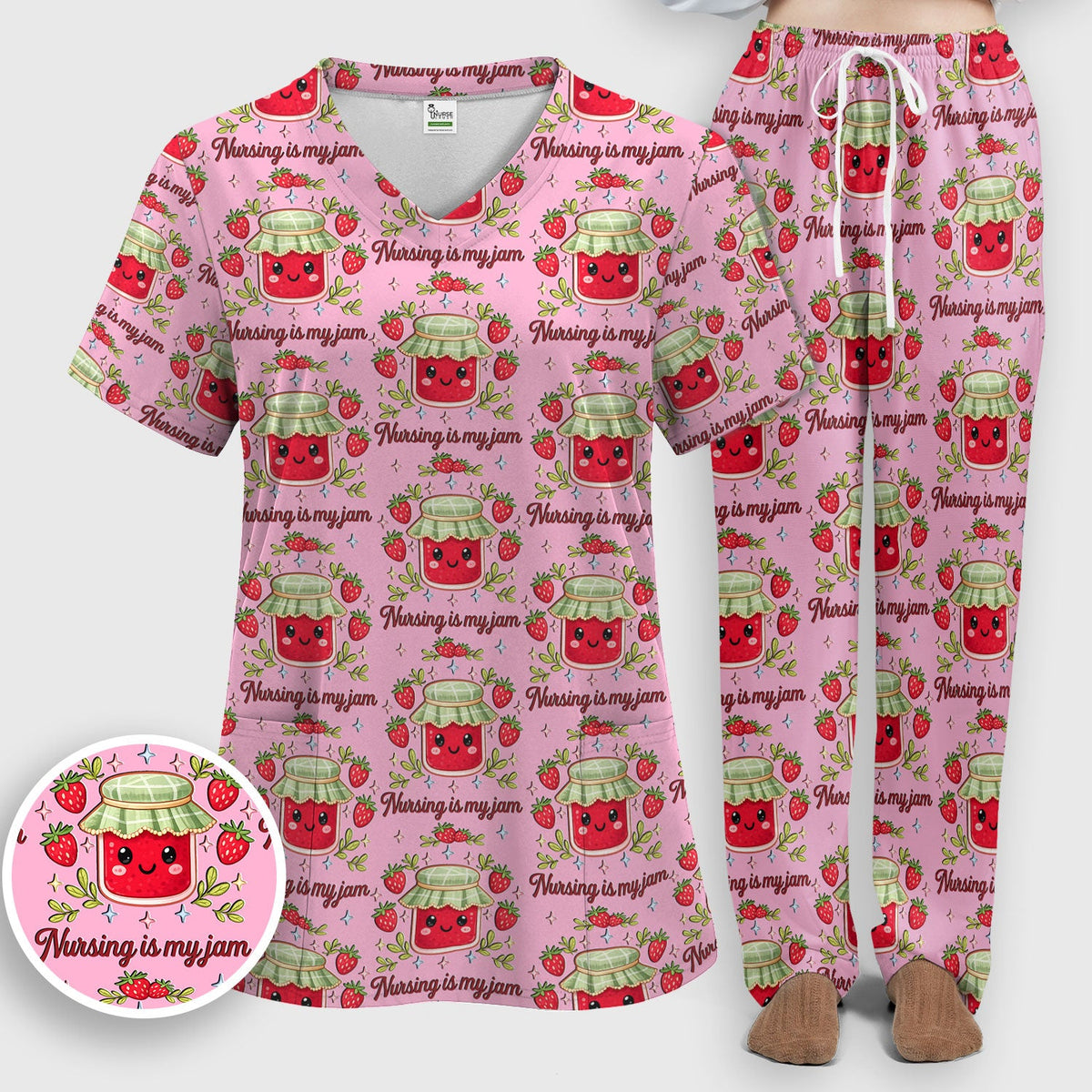 Cute Strawberry Jam Nurse Pattern Scrub Set, Breathable Med Uniform