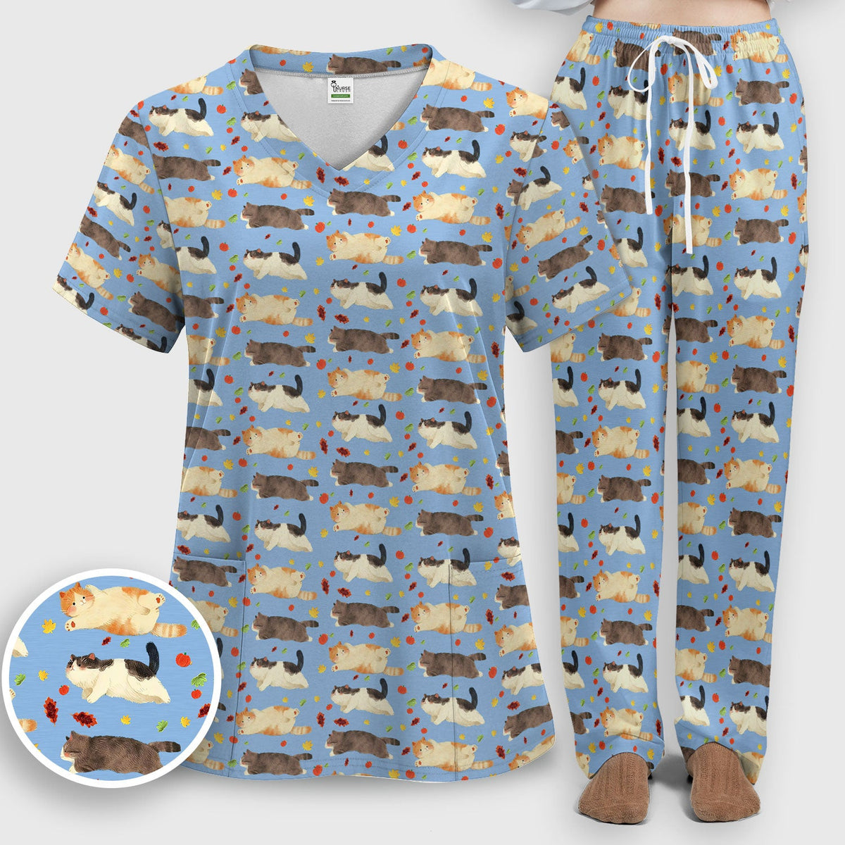 Chubby Cat Autumn Leaves Nurse Scrub Set