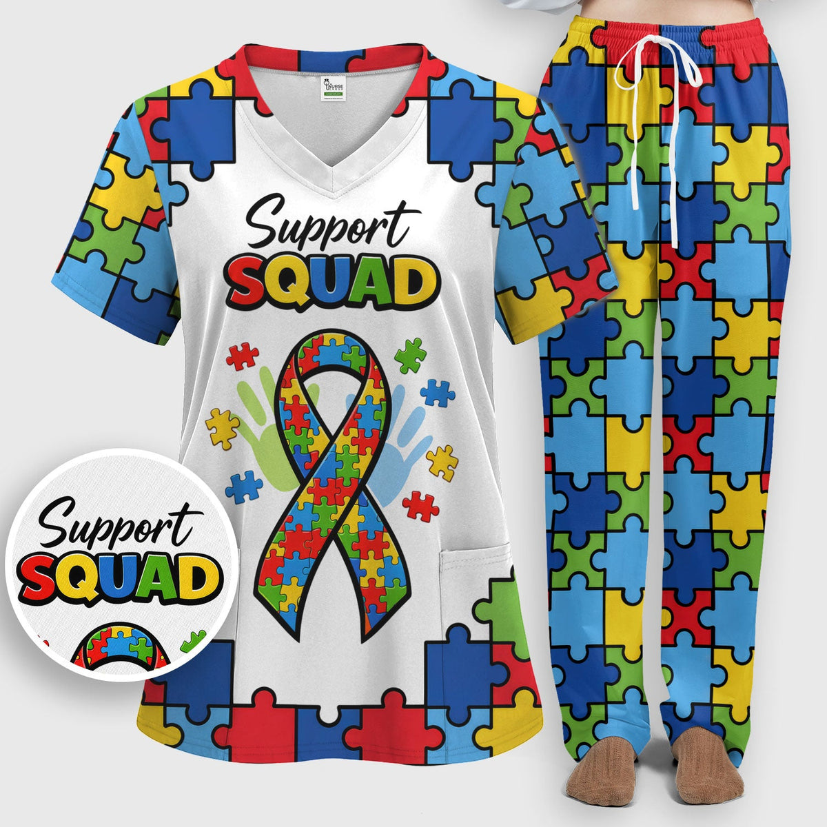 Autism Support Squad Puzzle Ribbon Nurse Scrub Set