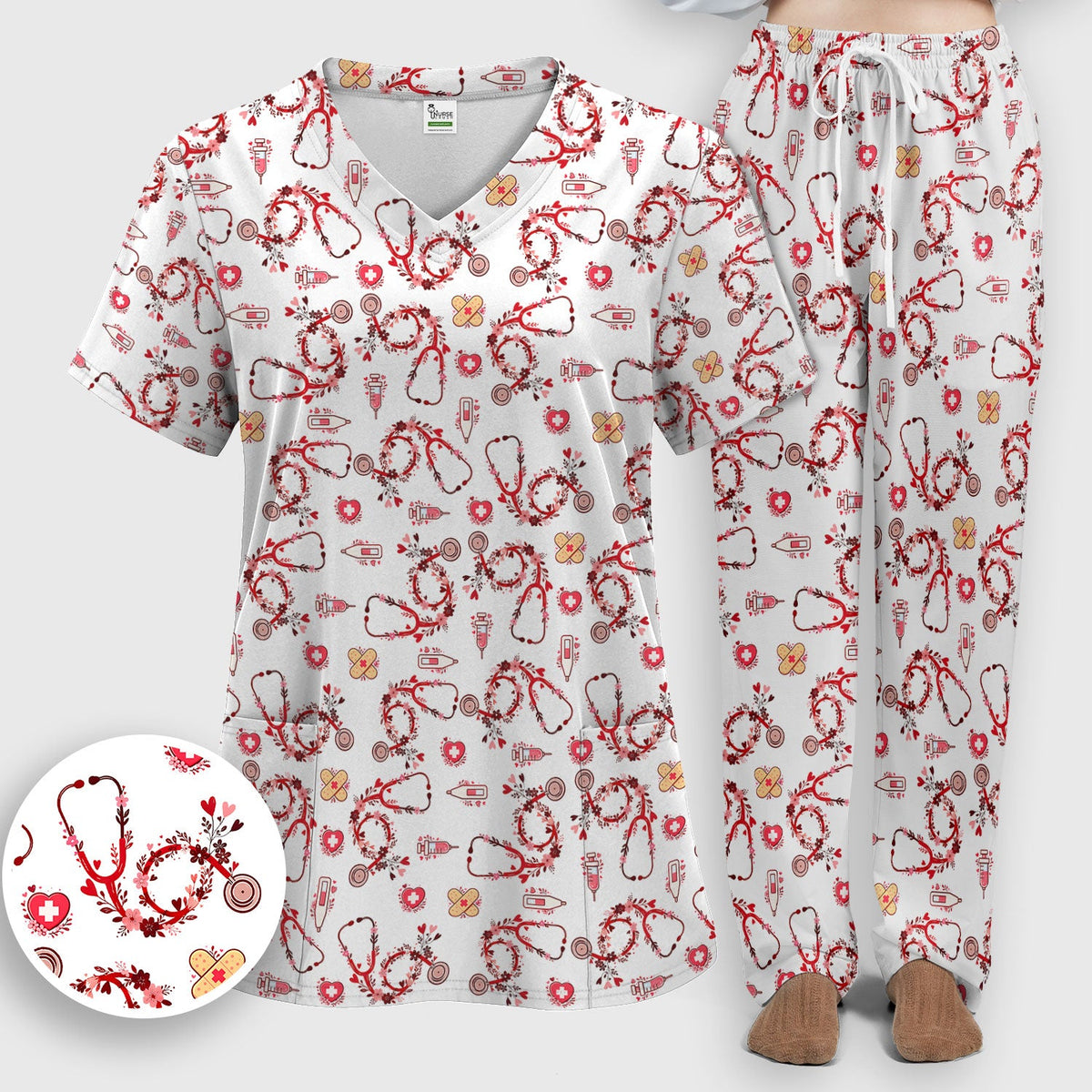 Heart Stethoscope Nurse Scrub Set